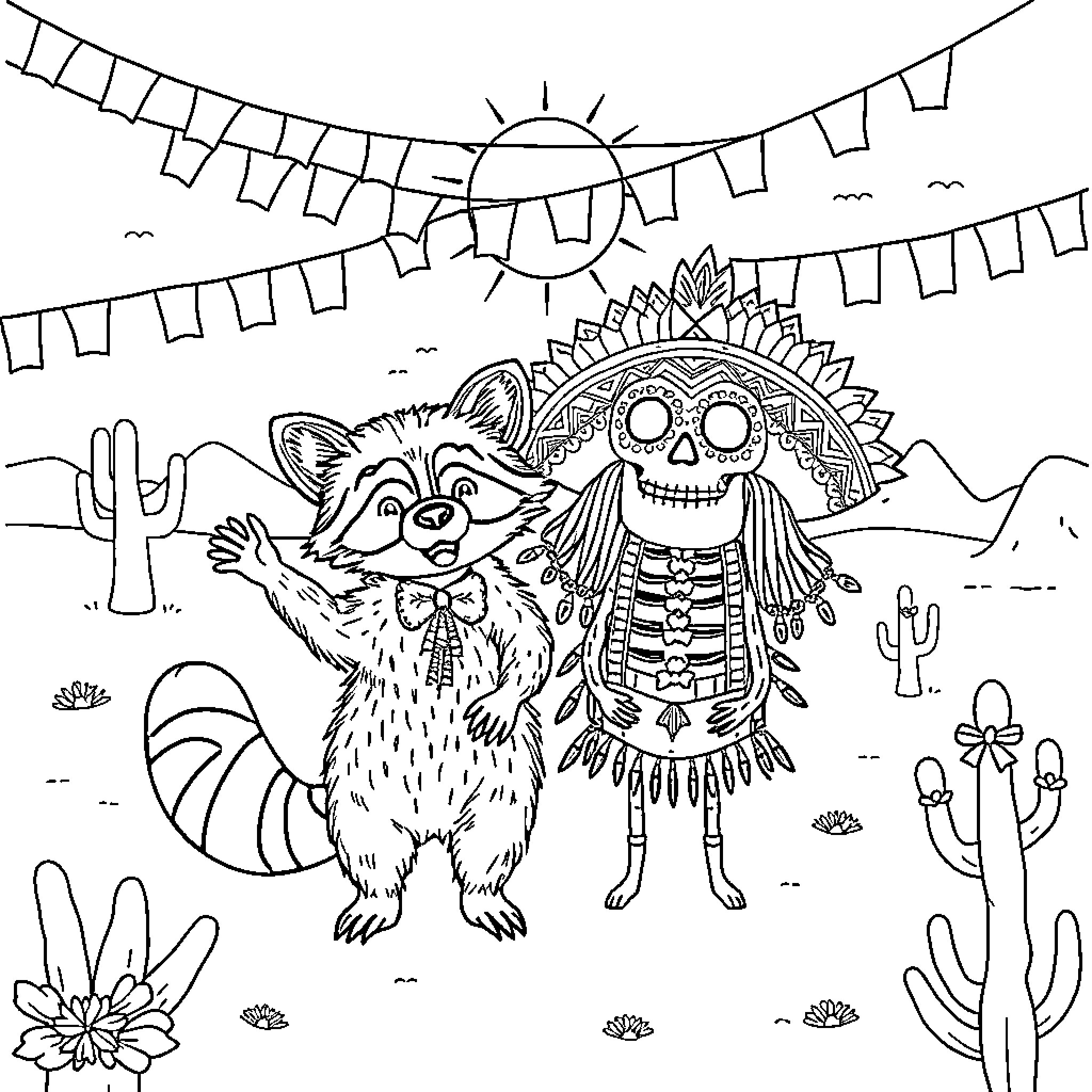Raccoon and skeleton dancer celebrating in desert Coloring Page (free black-and-white line drawing printable PDF for all, from beginners to advanced learners, including children, teens, adults, and seniors)