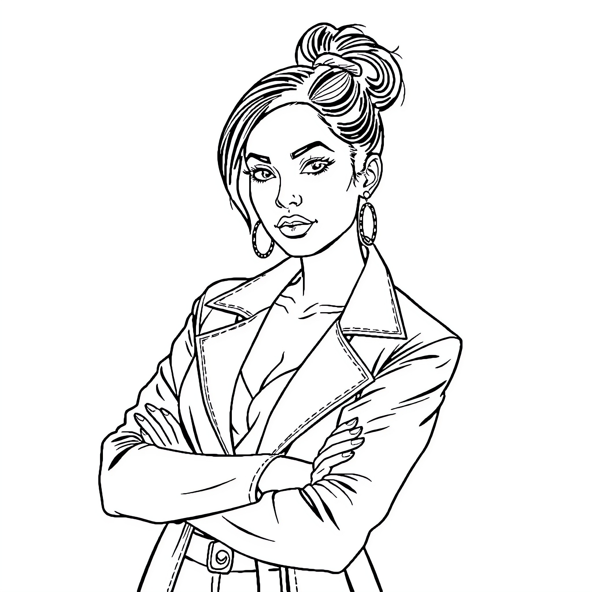 Woman in elegant business attire with serious expression Coloring Page (free black-and-white line drawing printable PDF for all, from beginners to advanced learners, including children, teens, adults, and seniors)