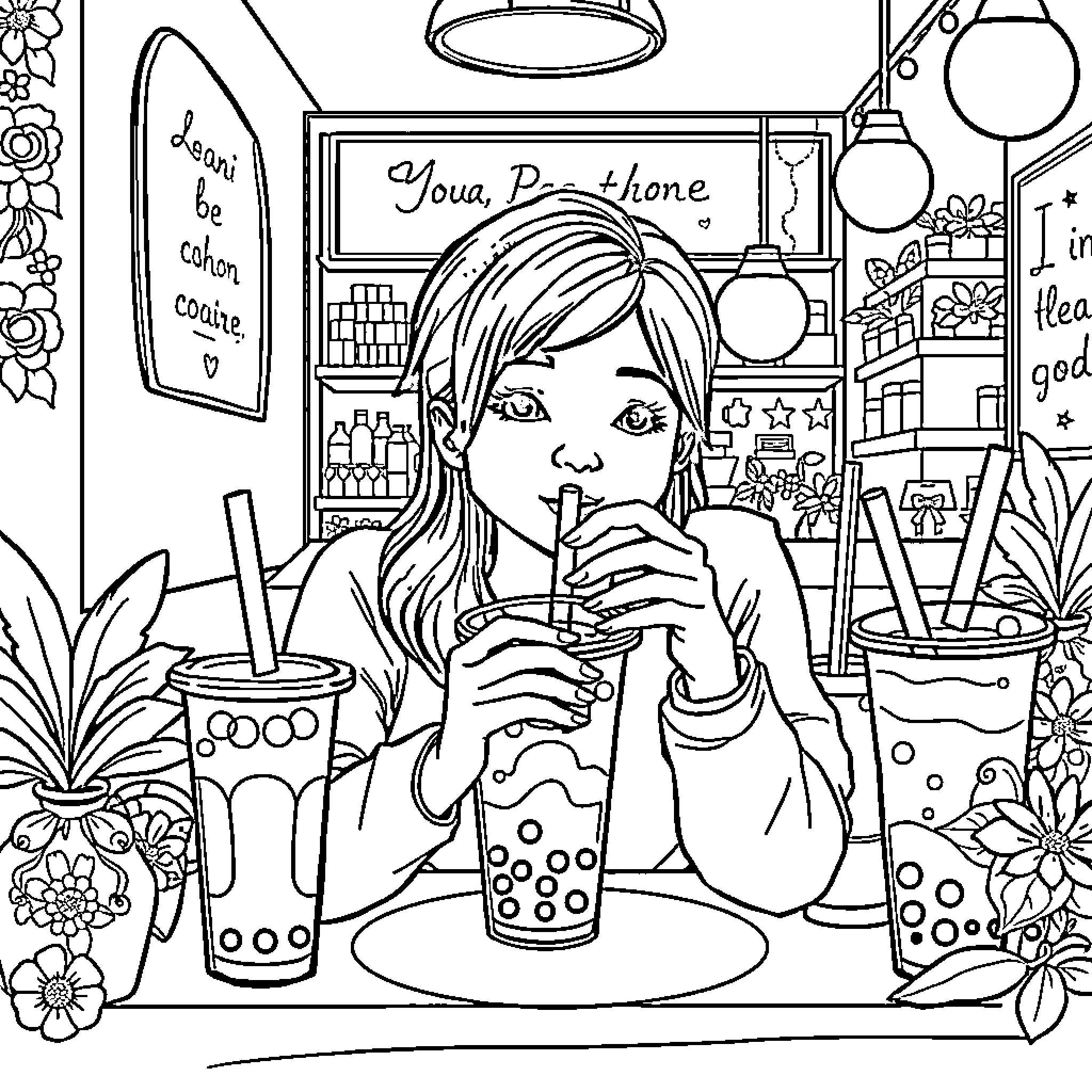Boba Tea Moment in a Cozy Cafe Coloring Page (free black-and-white line drawing printable PDF for all, from beginners to advanced learners, including children, teens, adults, and seniors)