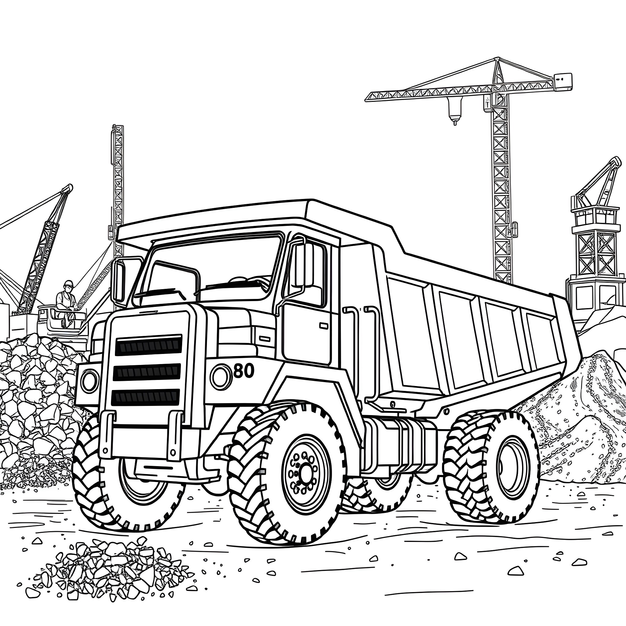 Dump Truck Hauling Heavy Load on Construction Site Coloring Page (free black-and-white line drawing printable PDF for all, from beginners to advanced learners, including children, teens, adults, and seniors)