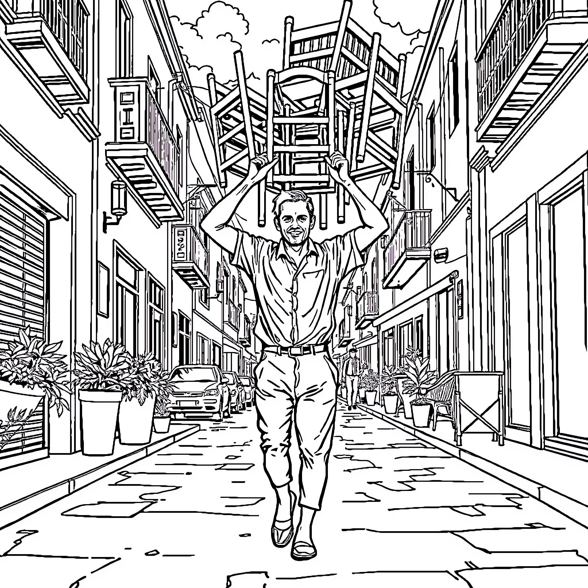 Man walking confidently through a bustling urban scene Coloring Page (free black-and-white line drawing printable PDF for all, from beginners to advanced learners, including children, teens, adults, and seniors)