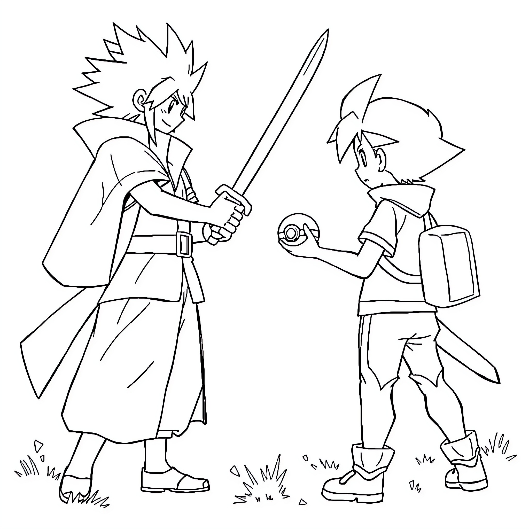 Tanjiro and Zenitsu in sword fighting stance Coloring Page (free black-and-white line drawing printable PDF for all, from beginners to advanced learners, including children, teens, adults, and seniors)