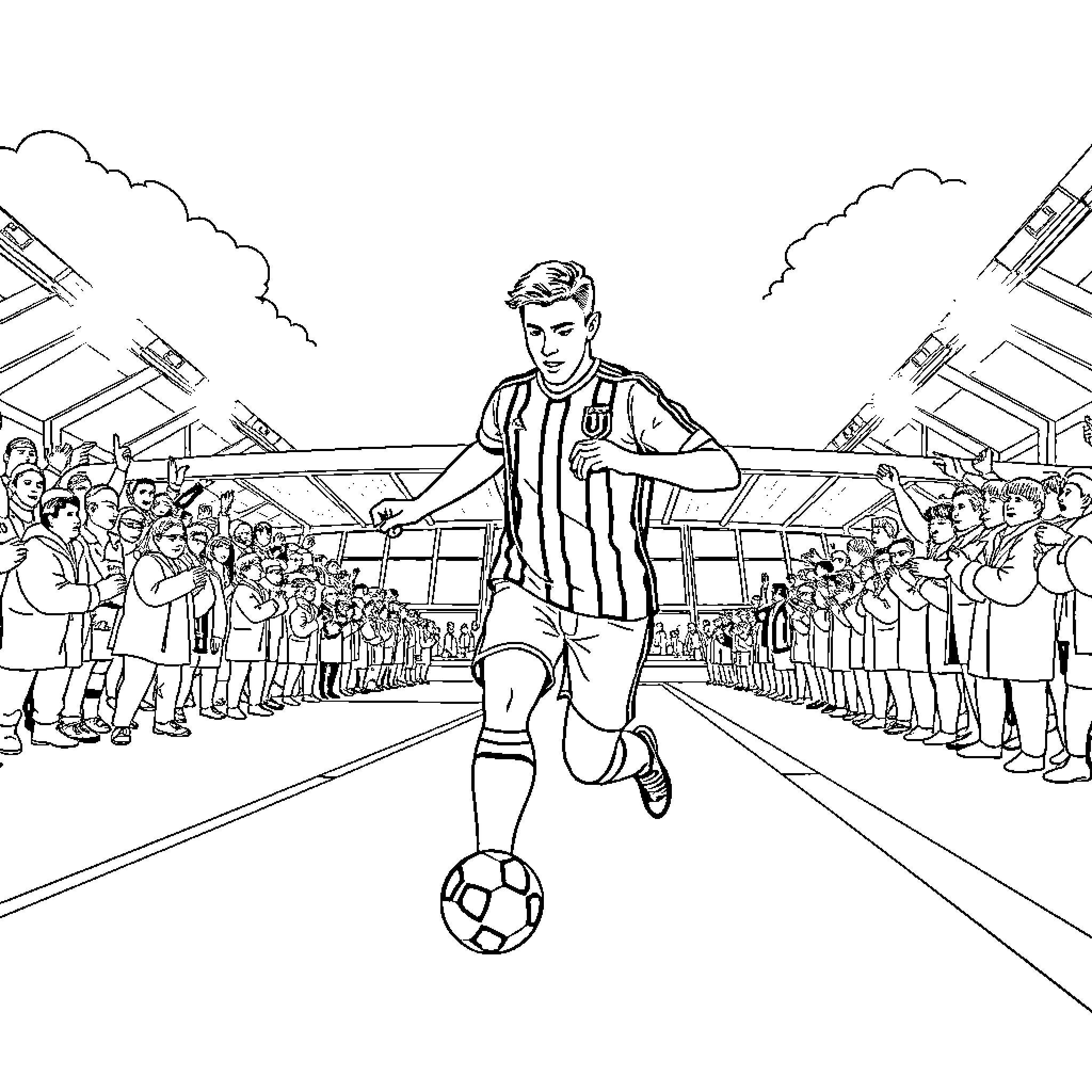 Totti Leading the Team in a Football Match Coloring Page (free black-and-white line drawing printable PDF for all, from beginners to advanced learners, including children, teens, adults, and seniors)