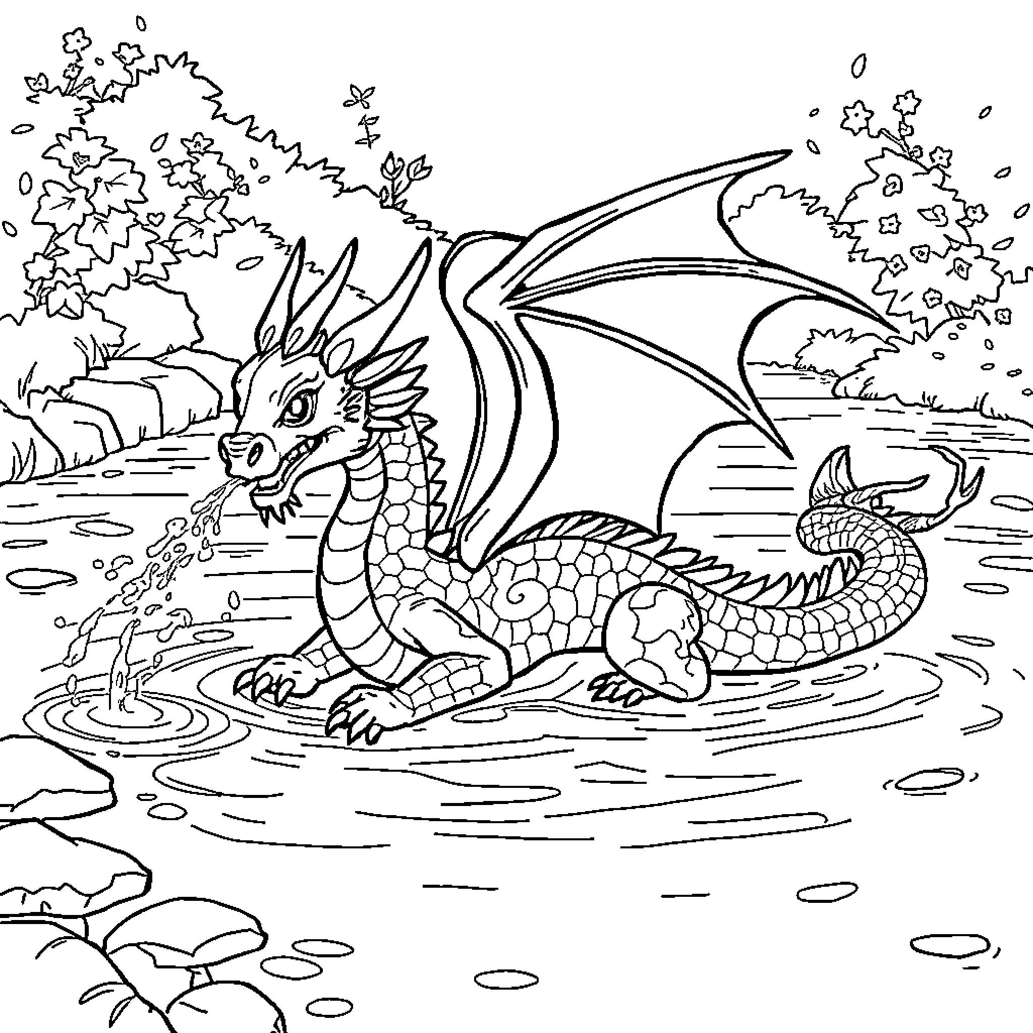 Water Dragon splashing in the pond Coloring Page (free black-and-white line drawing printable PDF for all, from beginners to advanced learners, including children, teens, adults, and seniors)