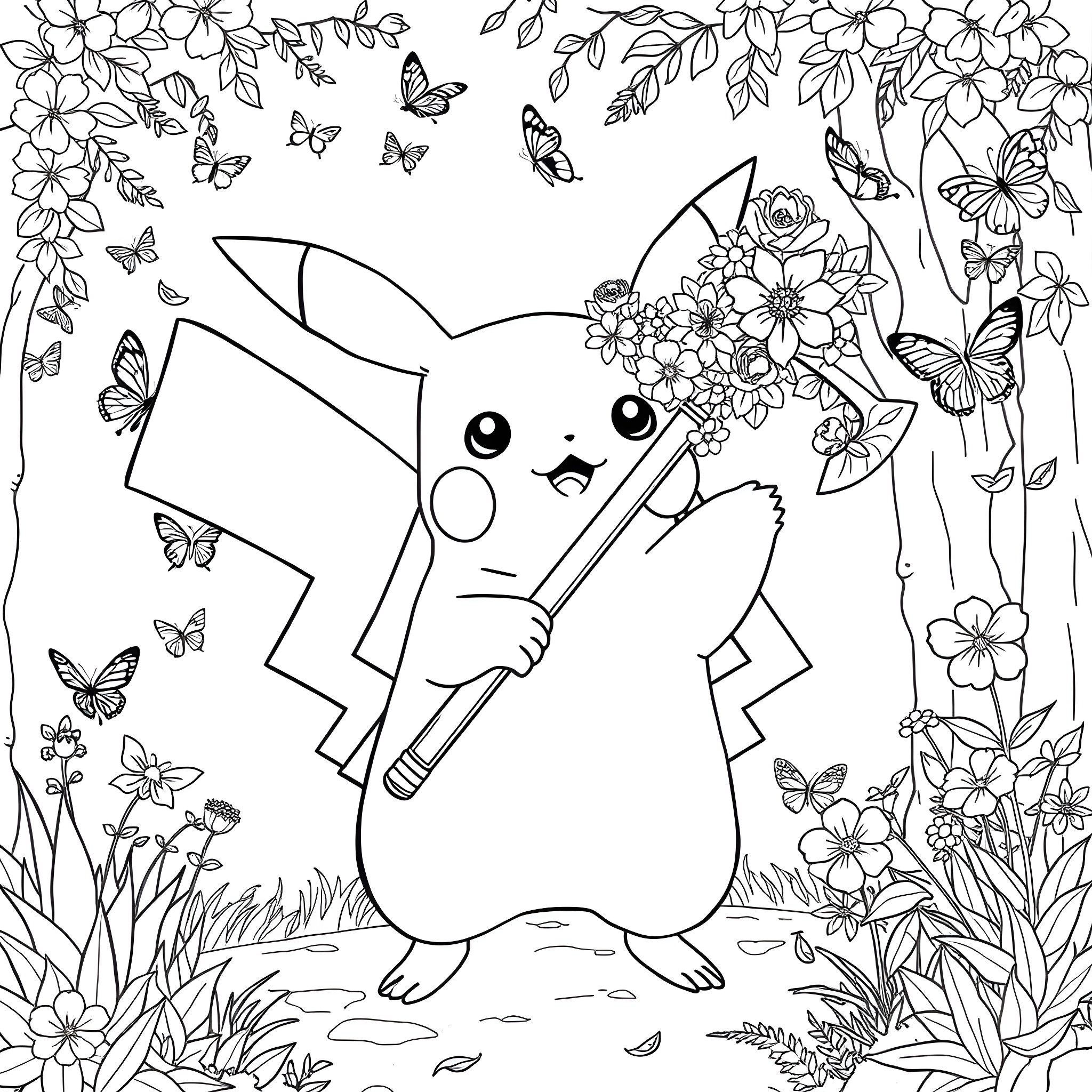 Pikachu surrounded by flowers and butterflies Coloring Page (free black-and-white line drawing printable PDF for all, from beginners to advanced learners, including children, teens, adults, and seniors)