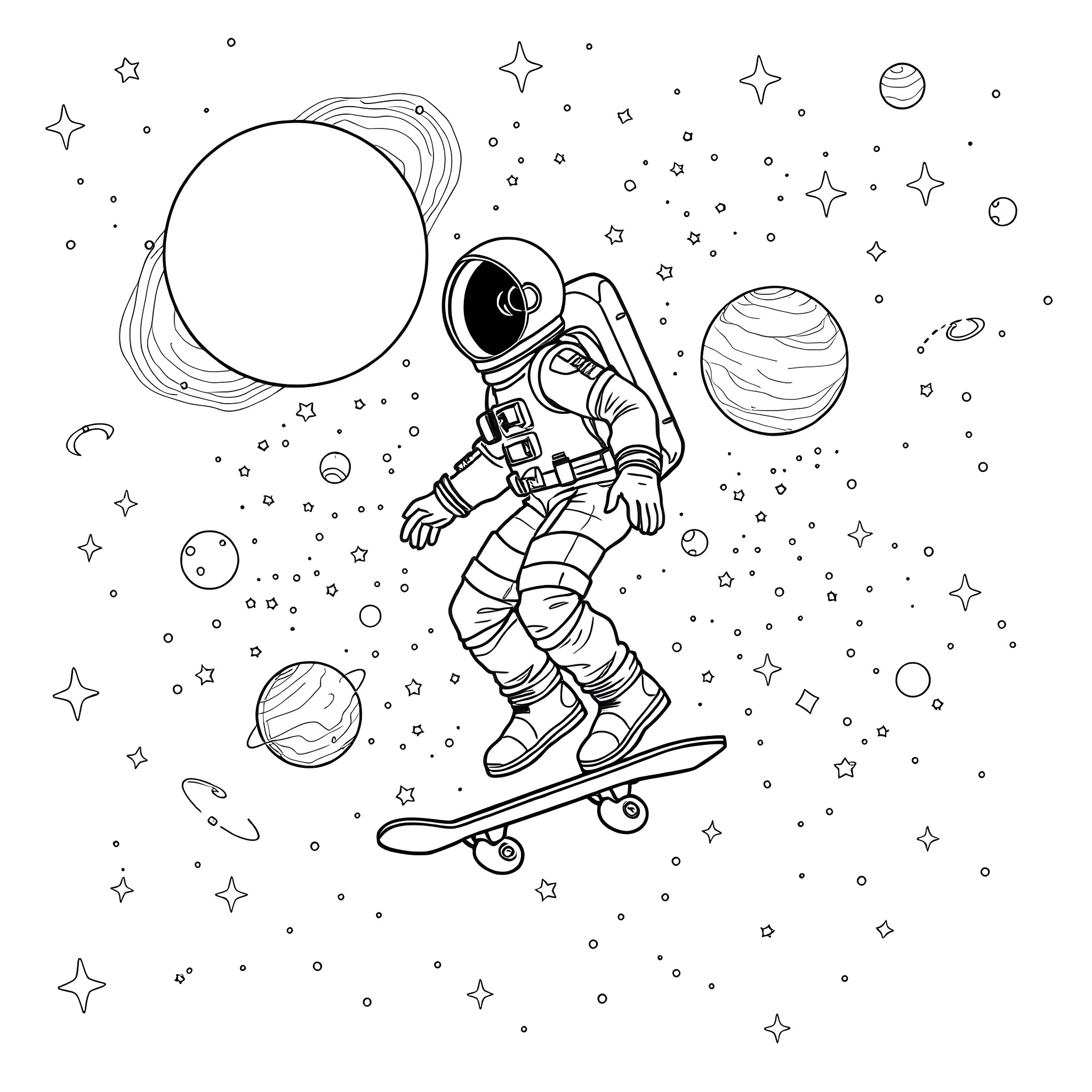 Astronaut skateboarding in space with planets Coloring Page (free black-and-white line drawing printable PDF for all, from beginners to advanced learners, including children, teens, adults, and seniors)