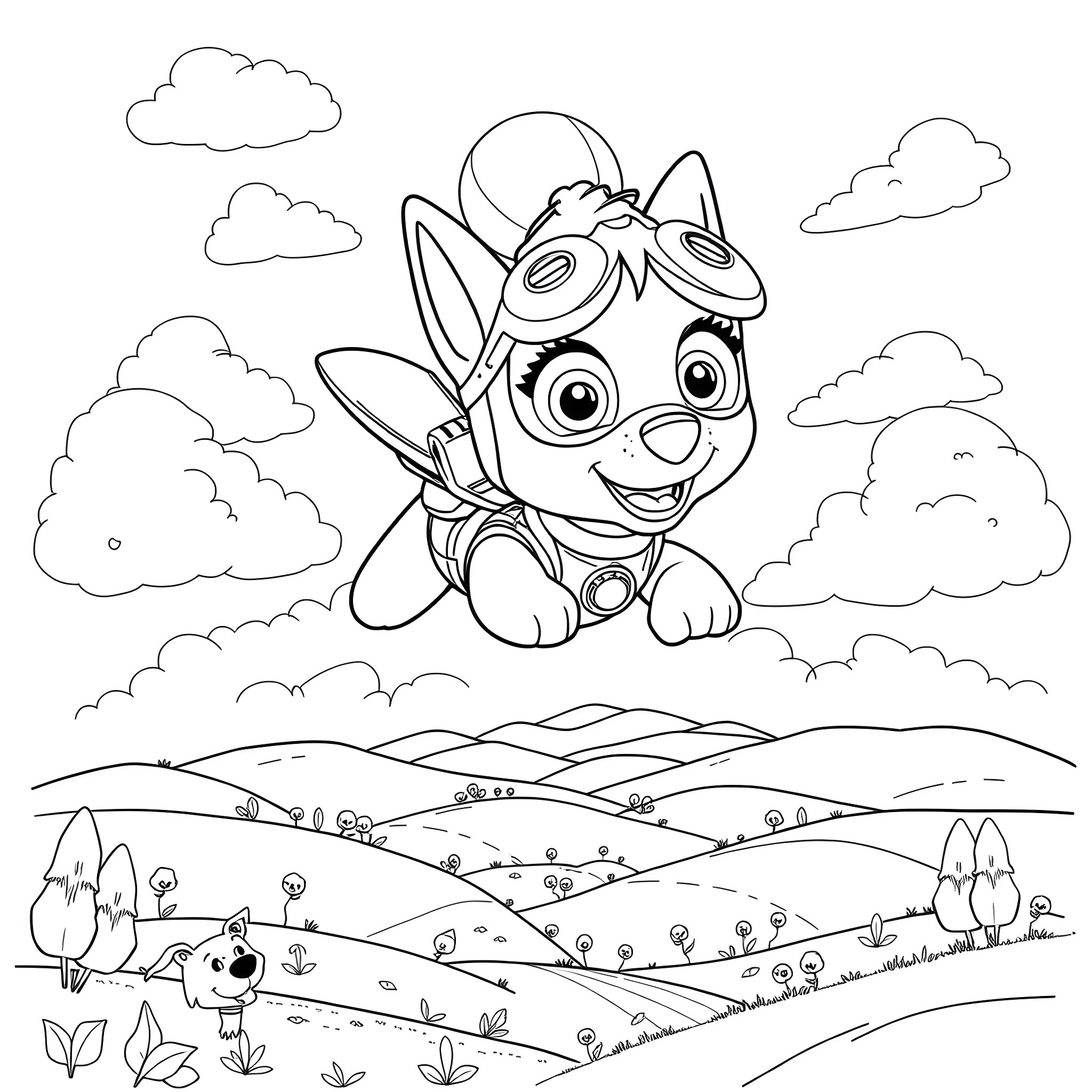 Paw Patrol Puppy Soaring Through the Clouds Coloring Page (free black-and-white line drawing printable PDF for all, from beginners to advanced learners, including children, teens, adults, and seniors)