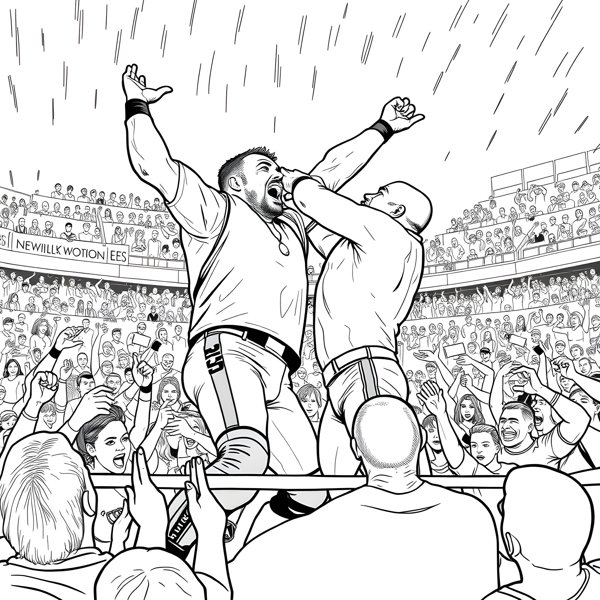 Triple H Celebrating Victory with Excited Fans in Stadium Coloring Page (free black-and-white line drawing printable PDF for all, from beginners to advanced learners, including children, teens, adults, and seniors)