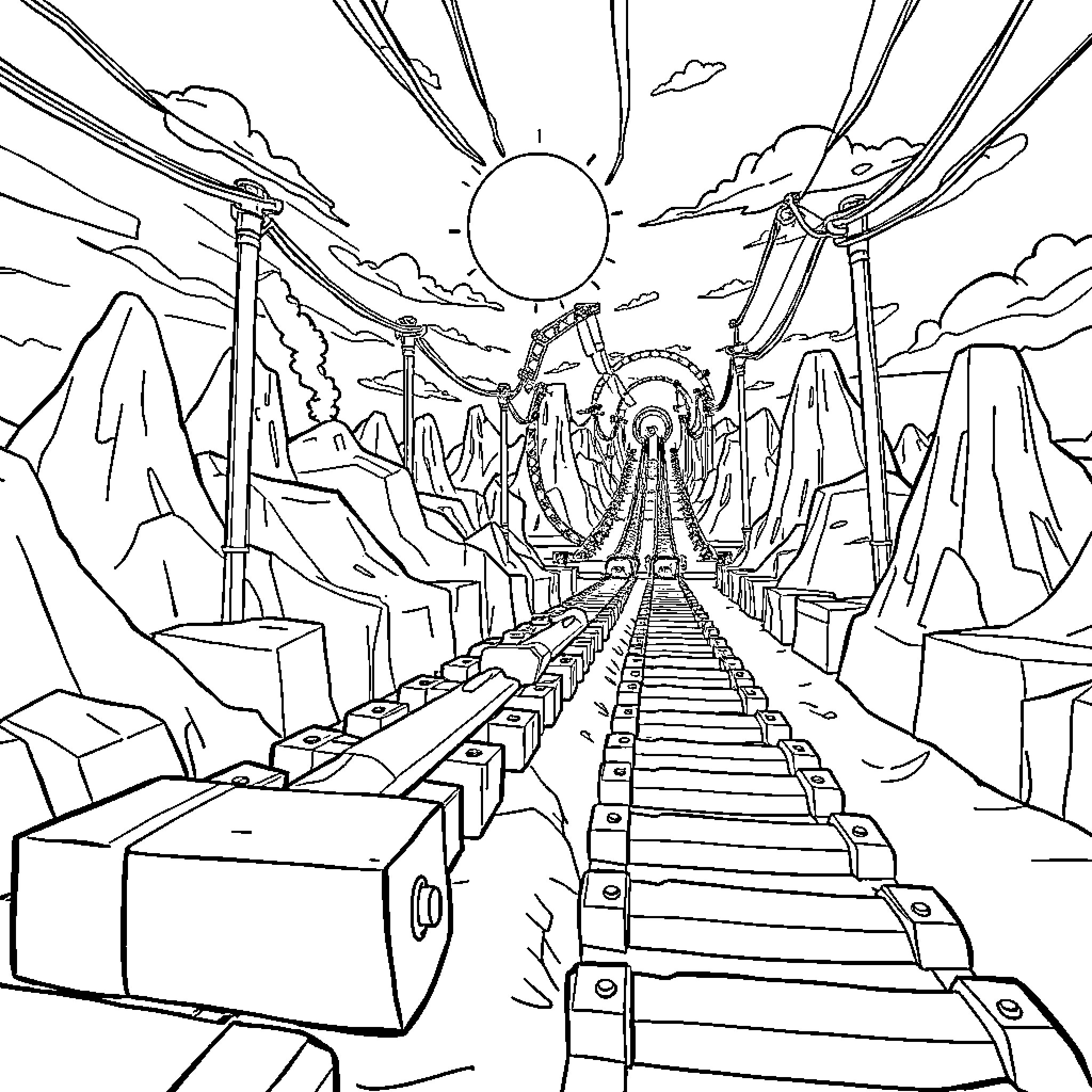 Deadrails: Abandoned Train Tracks Through Fantastical Landscape Coloring Page (free black-and-white line drawing printable PDF for all, from beginners to advanced learners, including children, teens, adults, and seniors)