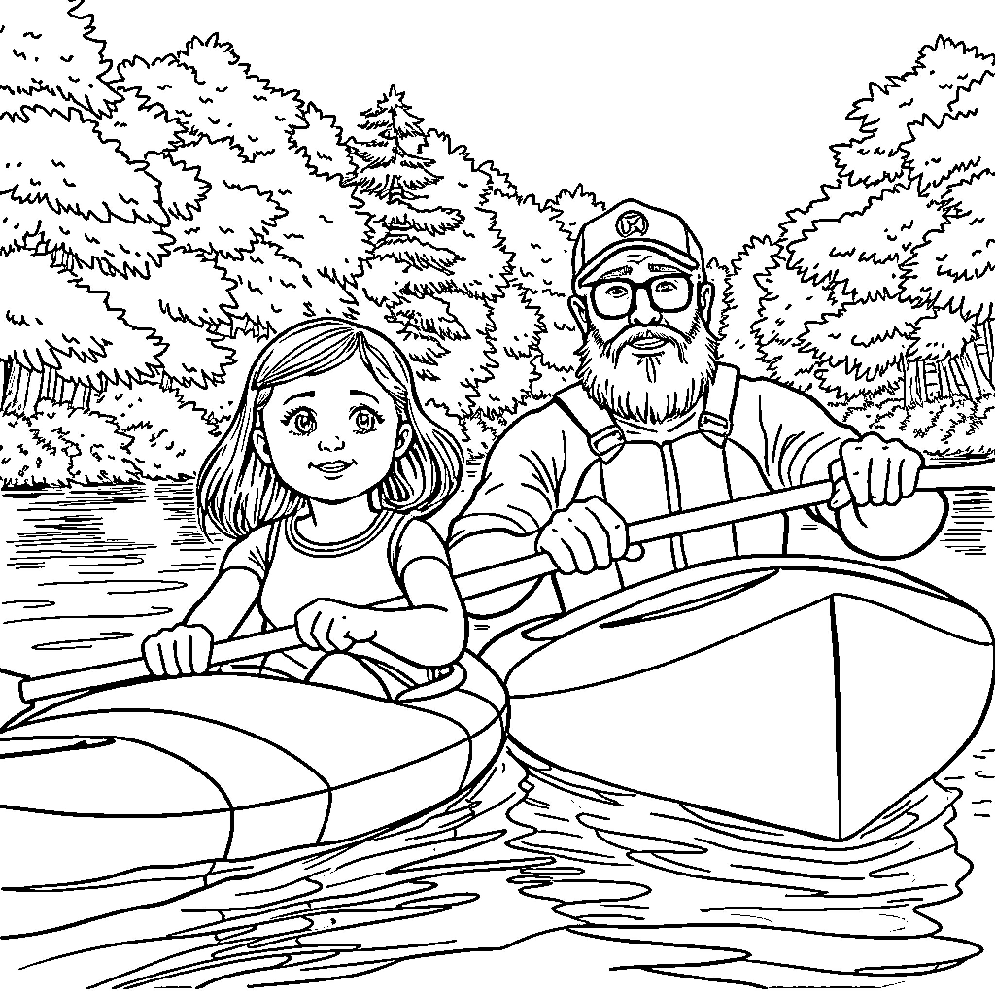 Kayak adventure with experienced guide Coloring Page (free black-and-white line drawing printable PDF for all, from beginners to advanced learners, including children, teens, adults, and seniors)