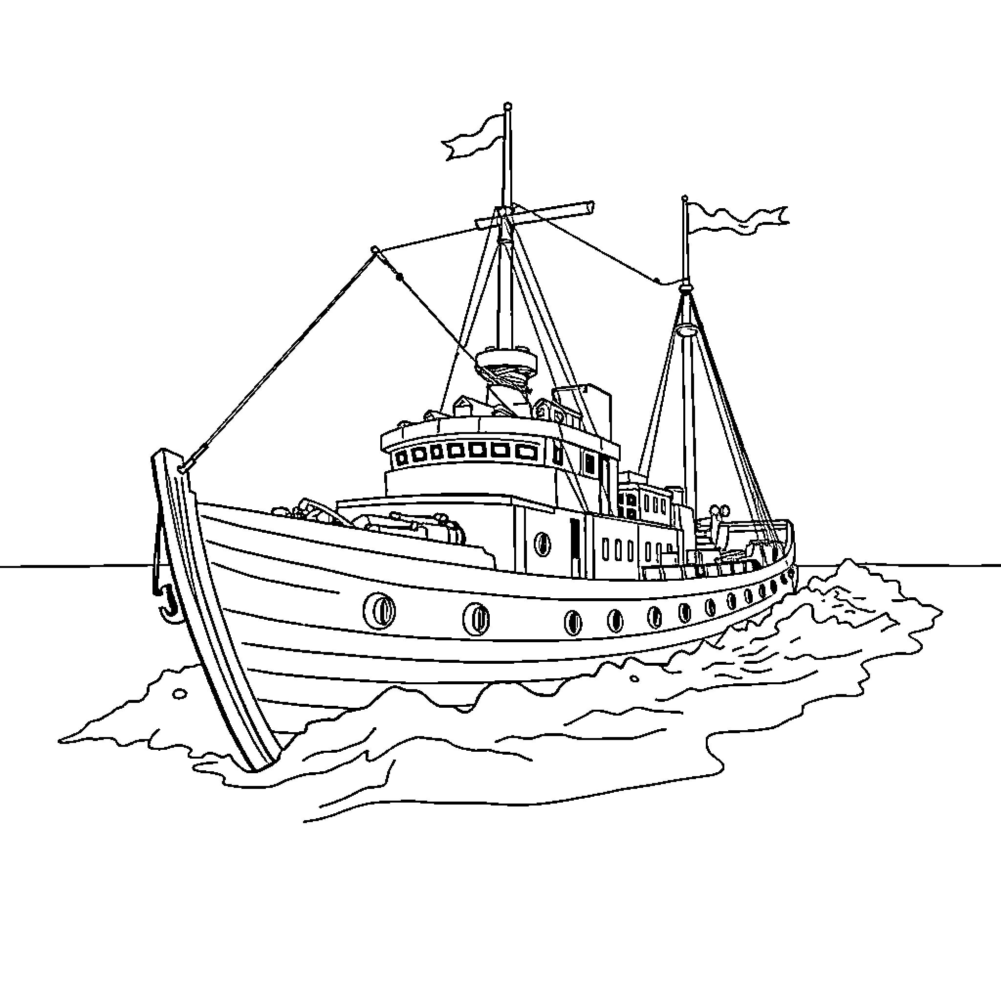 Warship sailing across the open water Coloring Page (free black-and-white line drawing printable PDF for all, from beginners to advanced learners, including children, teens, adults, and seniors)