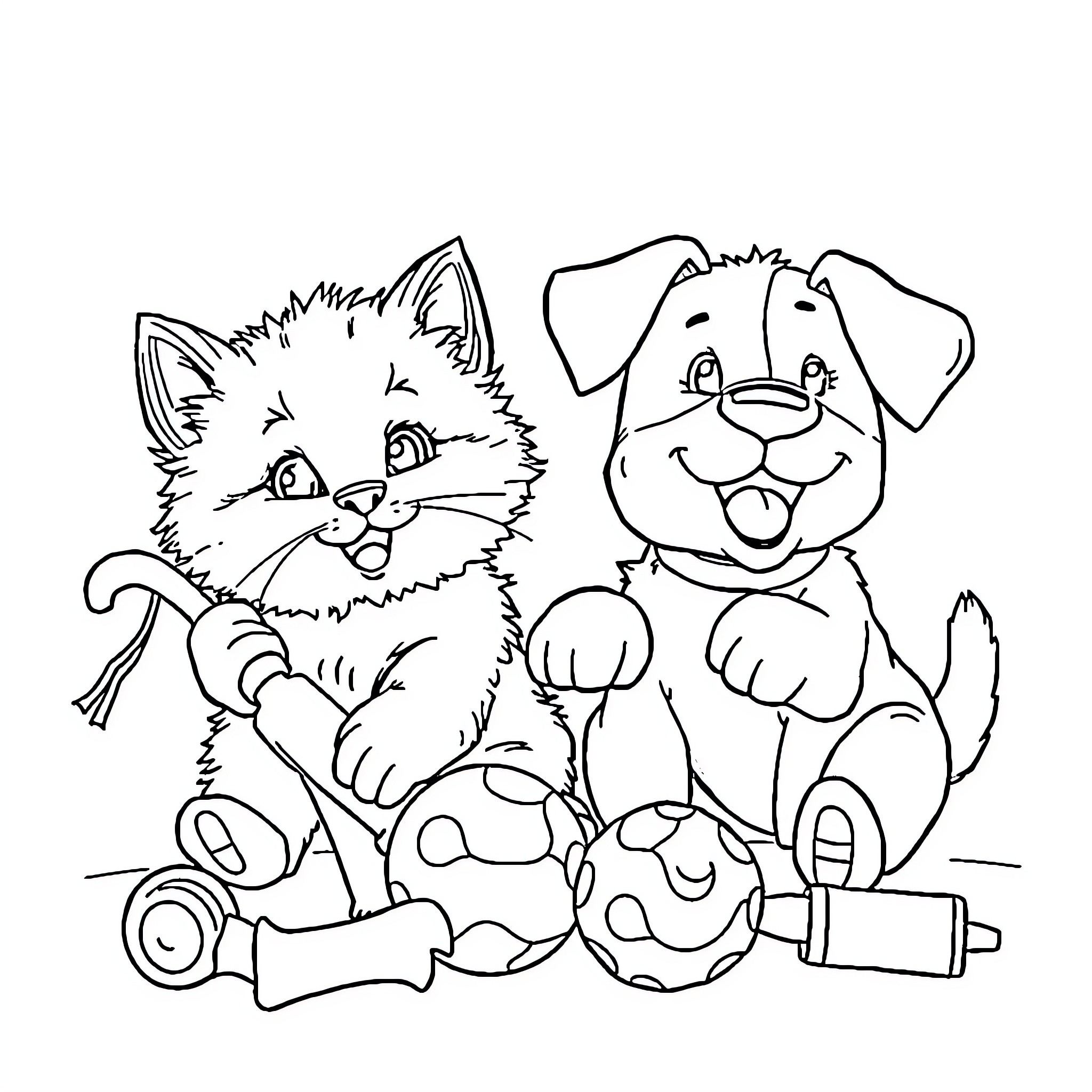 Kitty and Puppy Enjoying Playtime Together Coloring Page (free black-and-white line drawing printable PDF for all, from beginners to advanced learners, including children, teens, adults, and seniors)