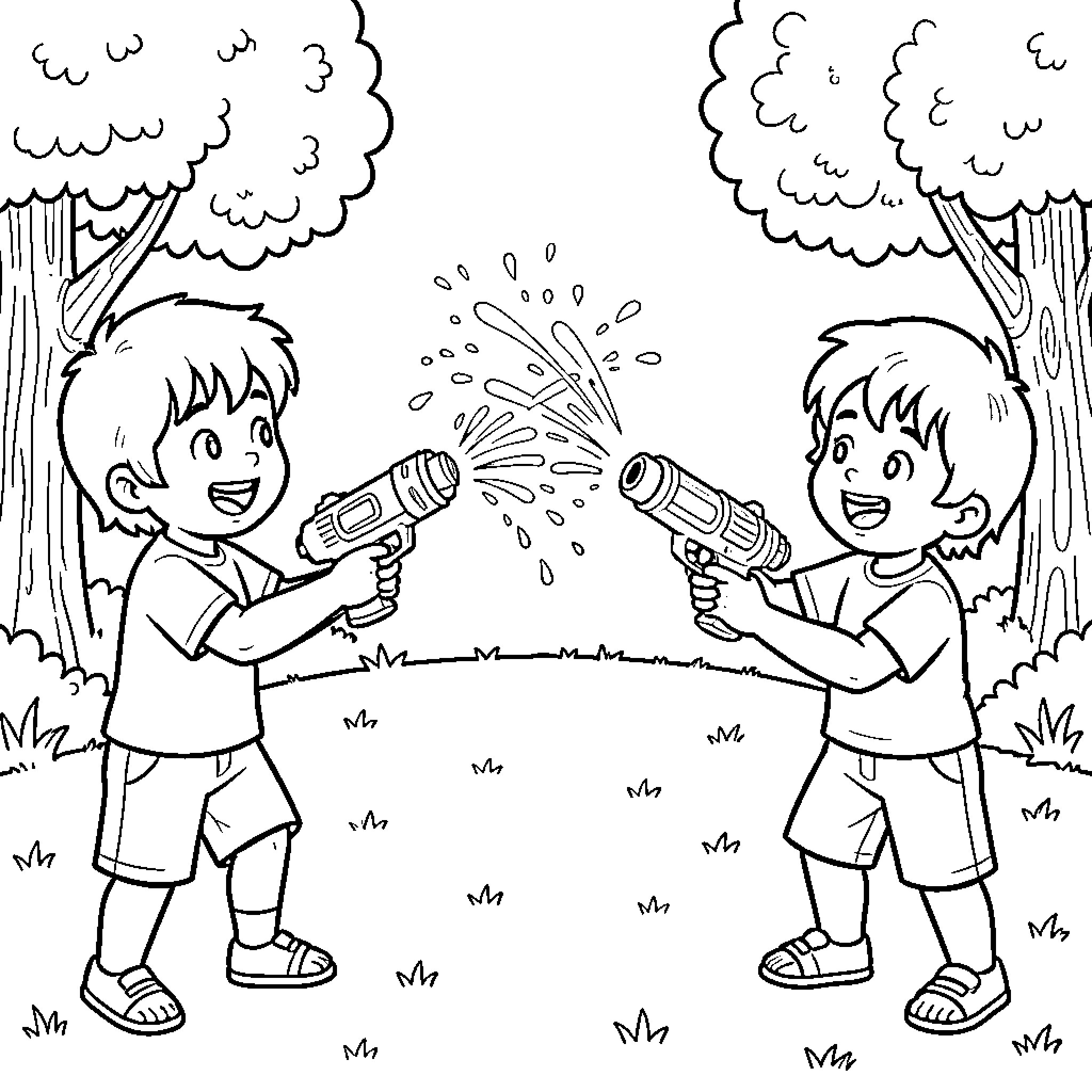 Kid Playful Water Gun Battle in the Woods Coloring Page (free black-and-white line drawing printable PDF for all, from beginners to advanced learners, including children, teens, adults, and seniors)