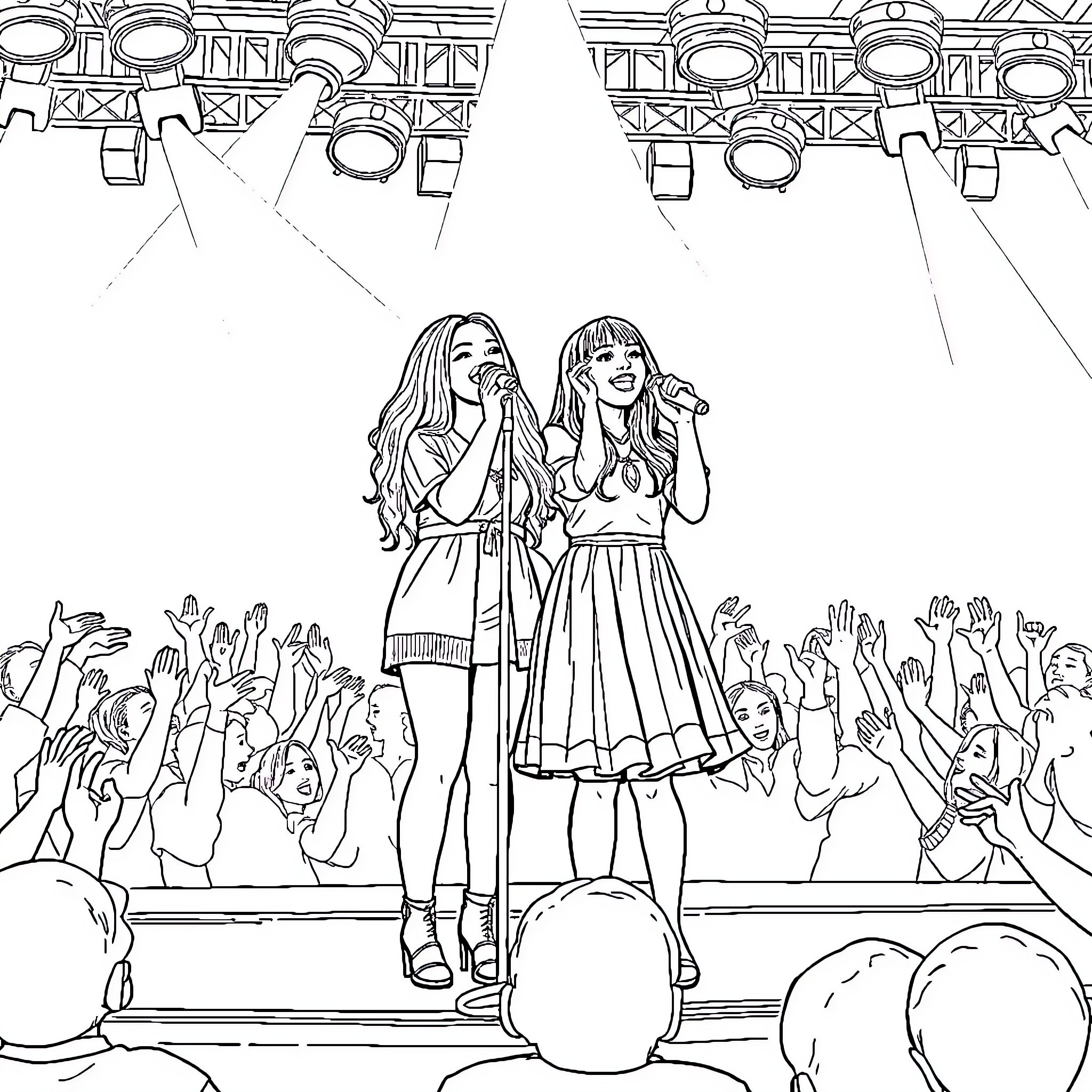 Ariana Grande performing on stage with friend Coloring Page (free black-and-white line drawing printable PDF for all, from beginners to advanced learners, including children, teens, adults, and seniors)