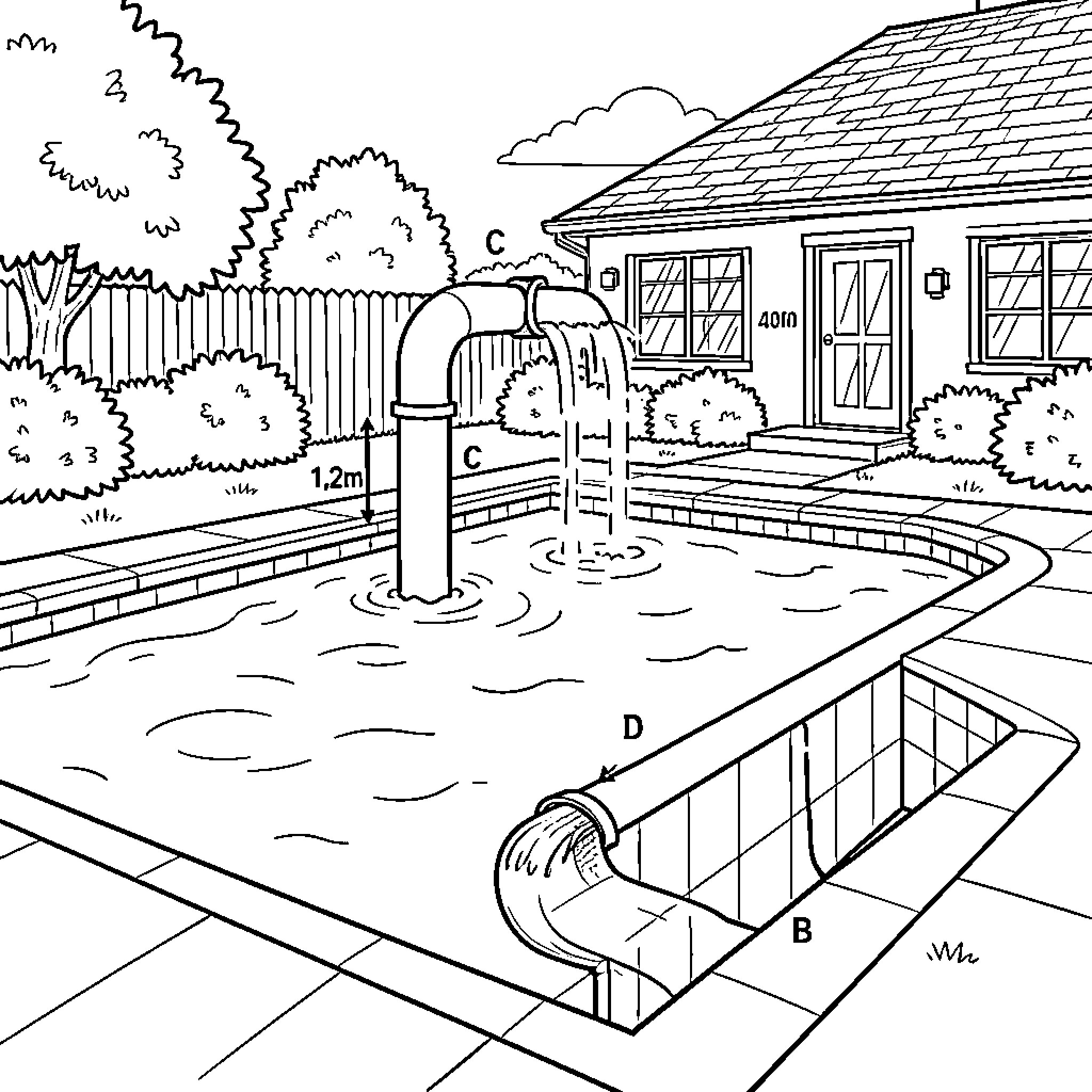 Sifón: Backyard pool and water feature Coloring Page (free black-and-white line drawing printable PDF for all, from beginners to advanced learners, including children, teens, adults, and seniors)