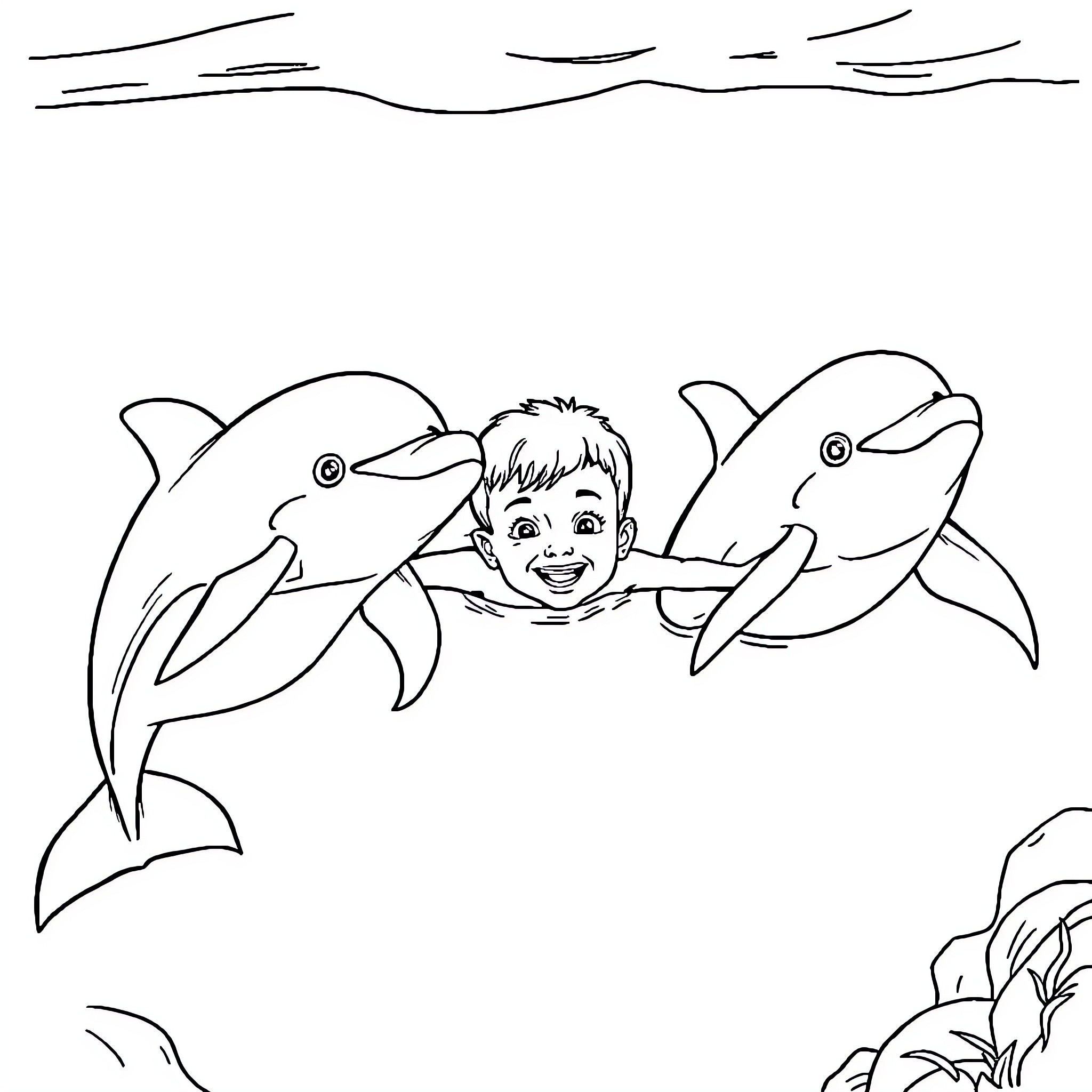 Dolphin friends playing with a happy child Coloring Page (free black-and-white line drawing printable PDF for all, from beginners to advanced learners, including children, teens, adults, and seniors)