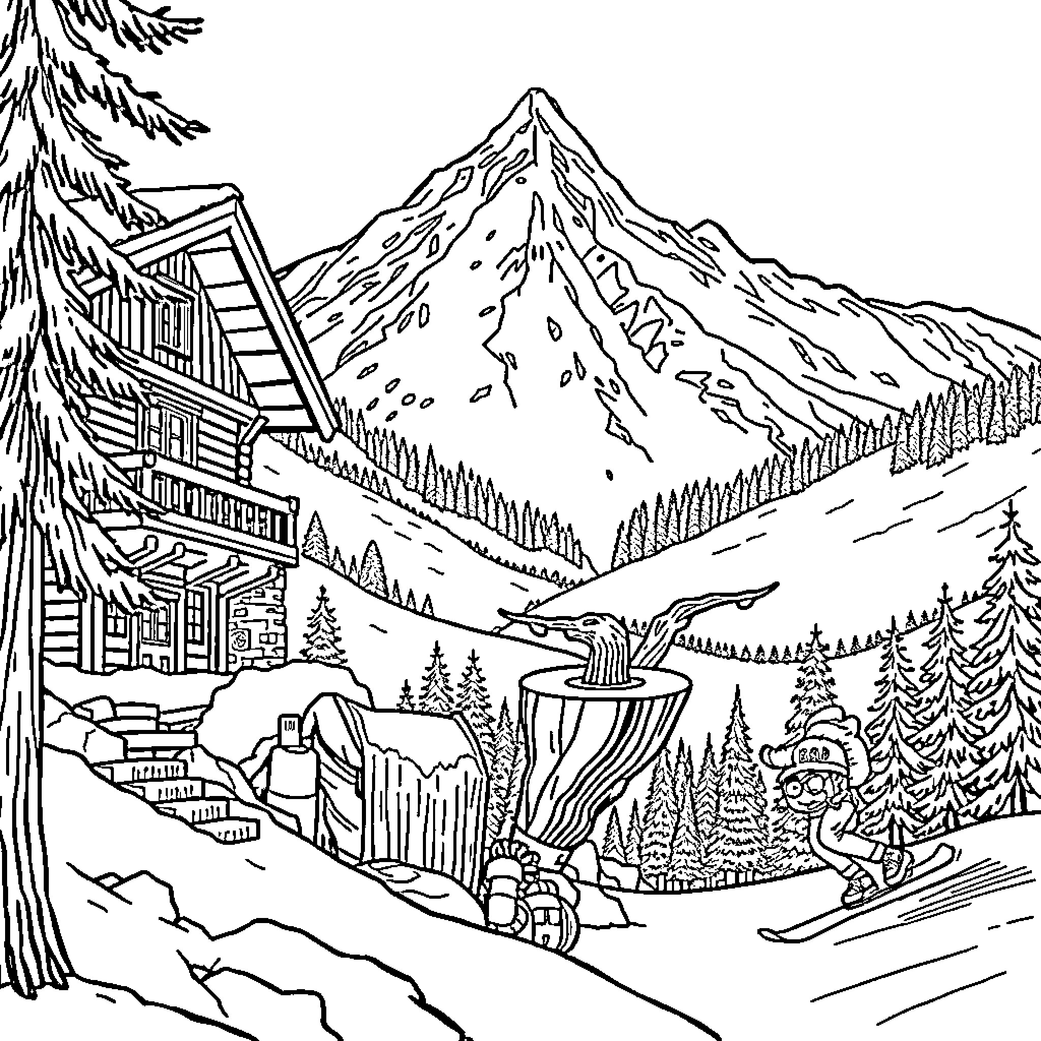 Skiing down the snowy mountain landscape Coloring Page (free black-and-white line drawing printable PDF for all, from beginners to advanced learners, including children, teens, adults, and seniors)