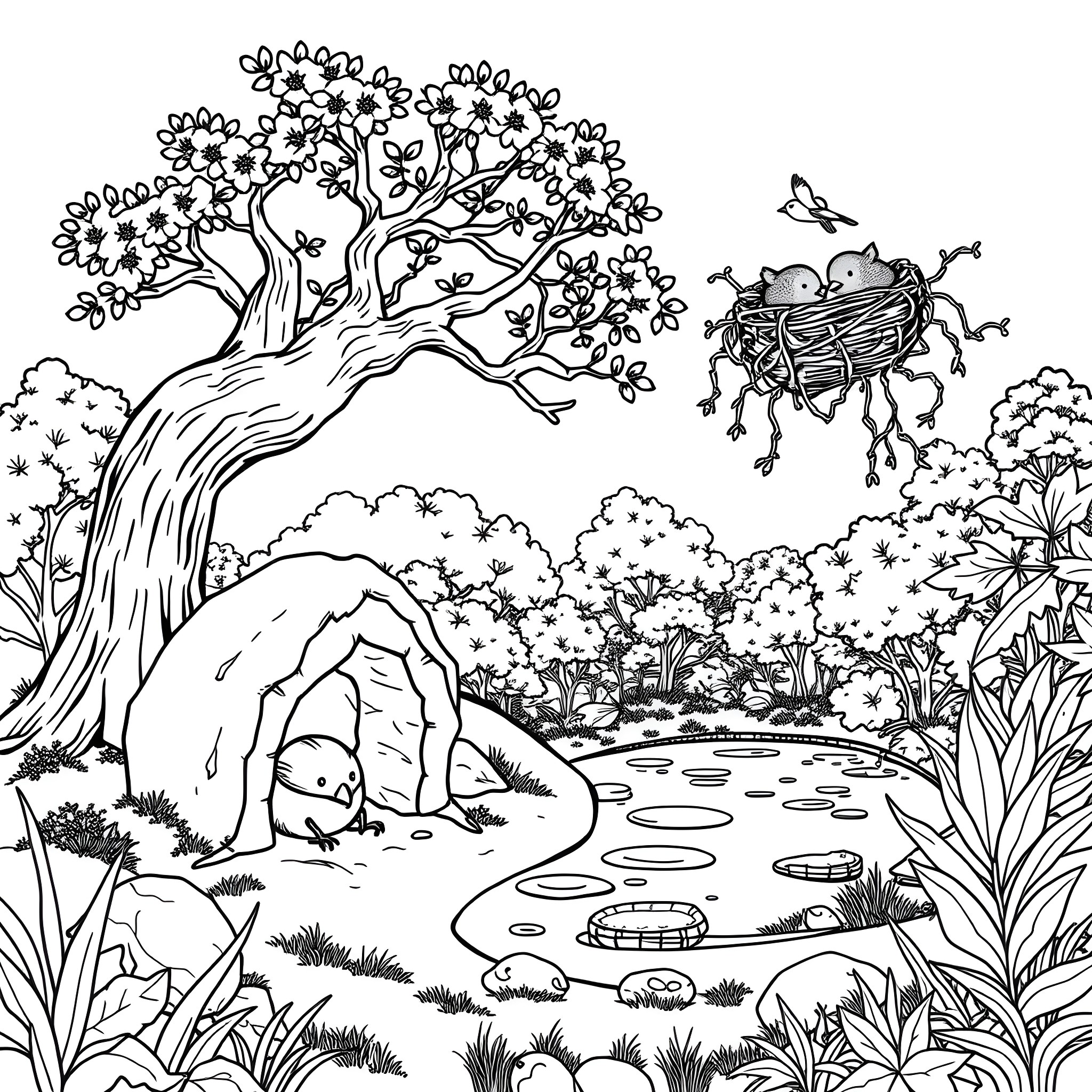 Animal Home in a Lush Woodland Landscape Coloring Page (free black-and-white line drawing printable PDF for all, from beginners to advanced learners, including children, teens, adults, and seniors)
