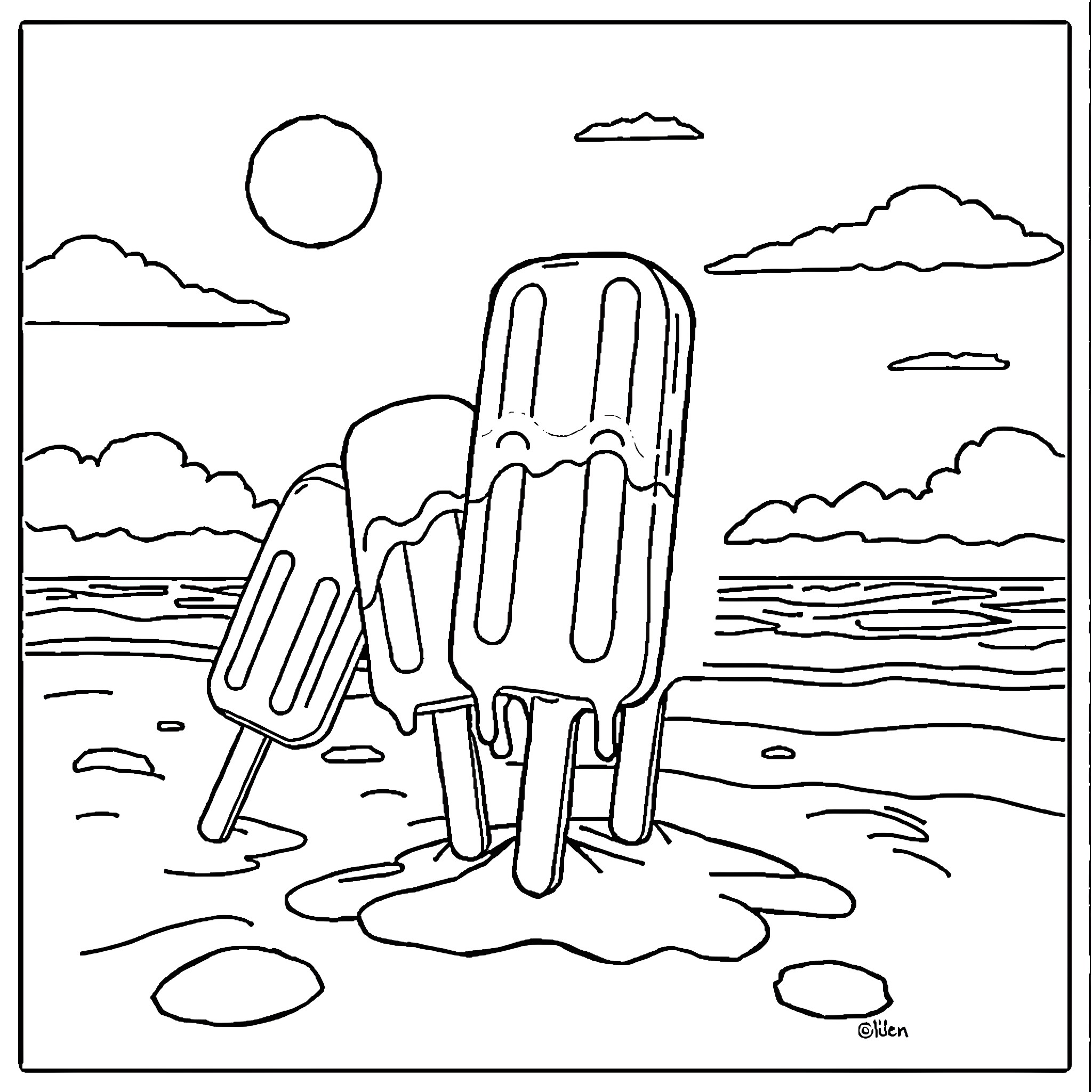 Popsicle figures melting on the beach Coloring Page (free black-and-white line drawing printable PDF for all, from beginners to advanced learners, including children, teens, adults, and seniors)