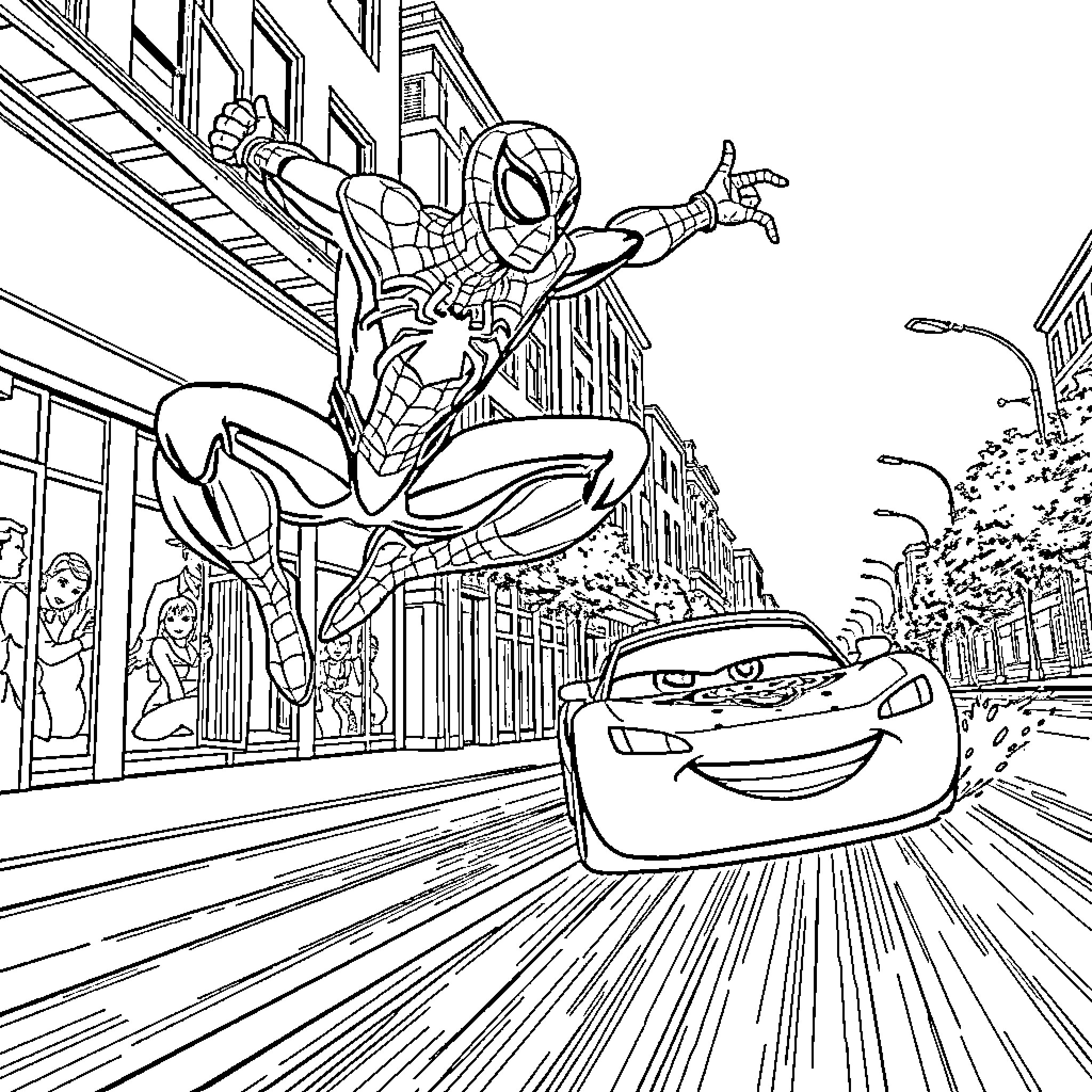 Spiderman swinging through the city past a speeding car Coloring Page (free black-and-white line drawing printable PDF for all, from beginners to advanced learners, including children, teens, adults, and seniors)