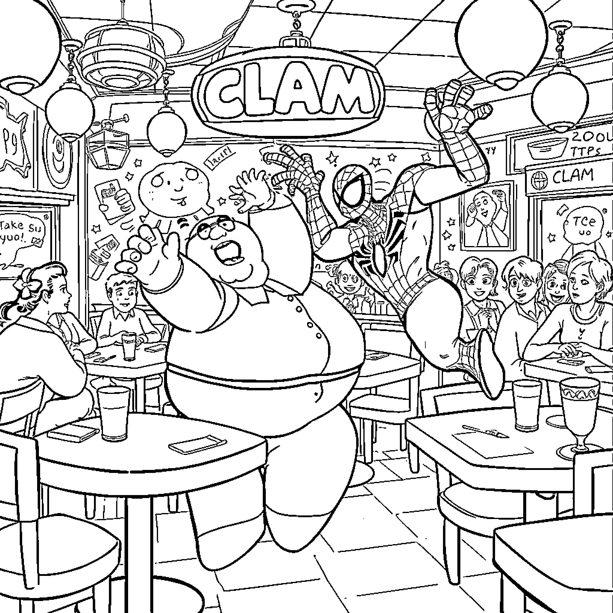 Peter Griffin's Chaotic Clam Tavern Adventure Coloring Page (free black-and-white line drawing printable PDF for all, from beginners to advanced learners, including children, teens, adults, and seniors)