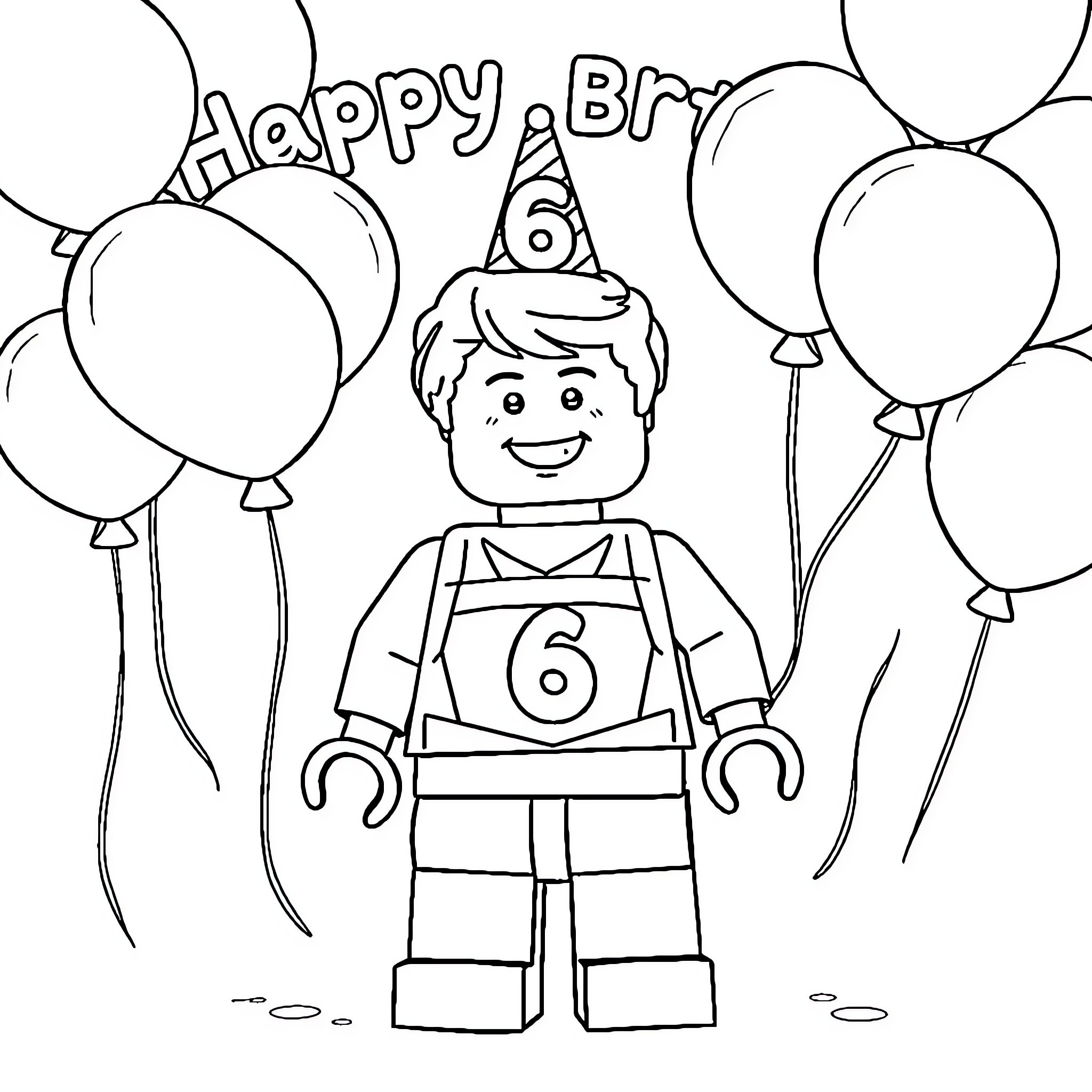 LEGO Minifigure celebrating 6th birthday with balloons Coloring Page (free black-and-white line drawing printable PDF for all, from beginners to advanced learners, including children, teens, adults, and seniors)