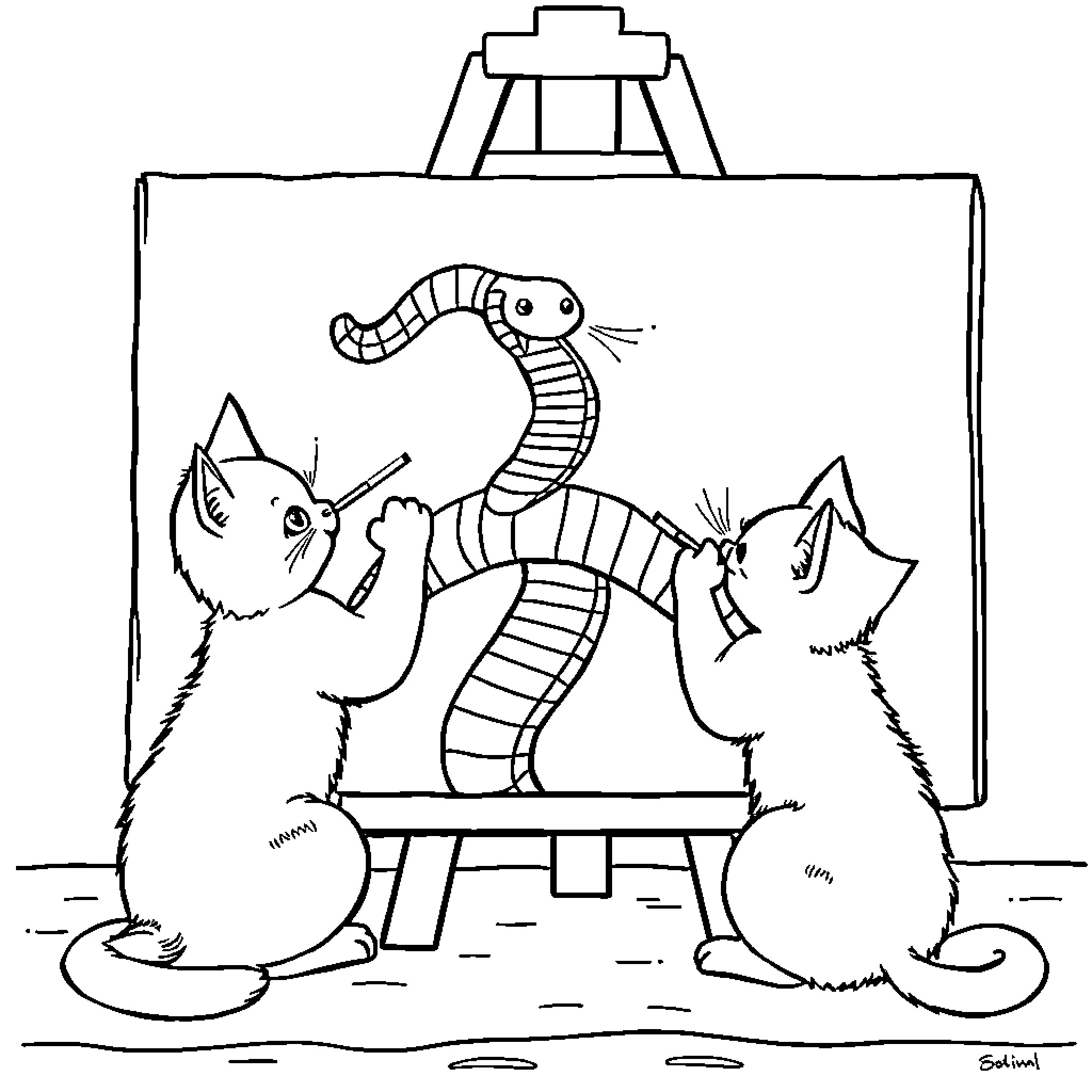 Cat friends playing with a snake toy Coloring Page (free black-and-white line drawing printable PDF for all, from beginners to advanced learners, including children, teens, adults, and seniors)