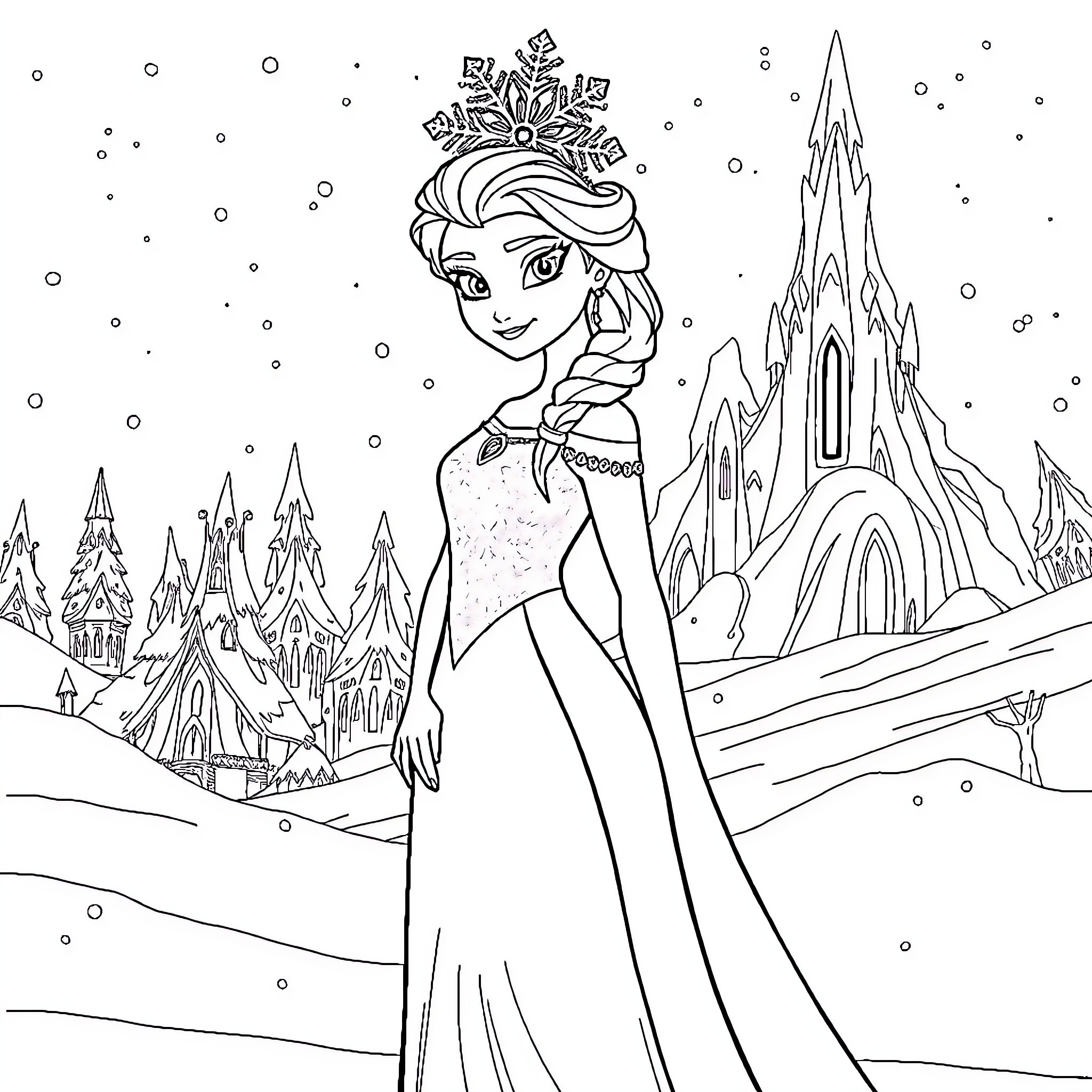 Elsa in a Wintry Wonderland Coloring Page (free black-and-white line drawing printable PDF for all, from beginners to advanced learners, including children, teens, adults, and seniors)