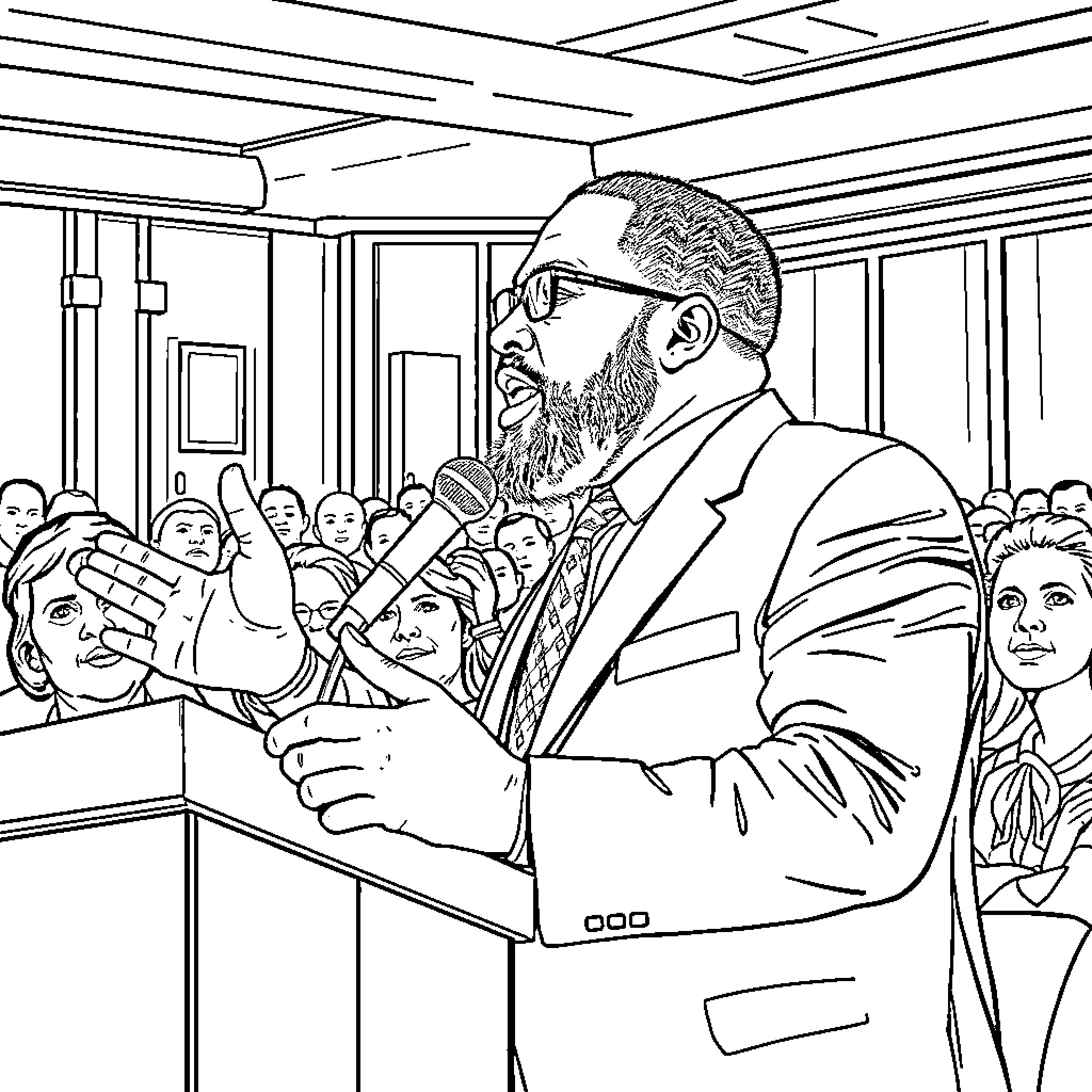 Voddie Baucham Delivering Passionate Speech to Audience Coloring Page (free black-and-white line drawing printable PDF for all, from beginners to advanced learners, including children, teens, adults, and seniors)