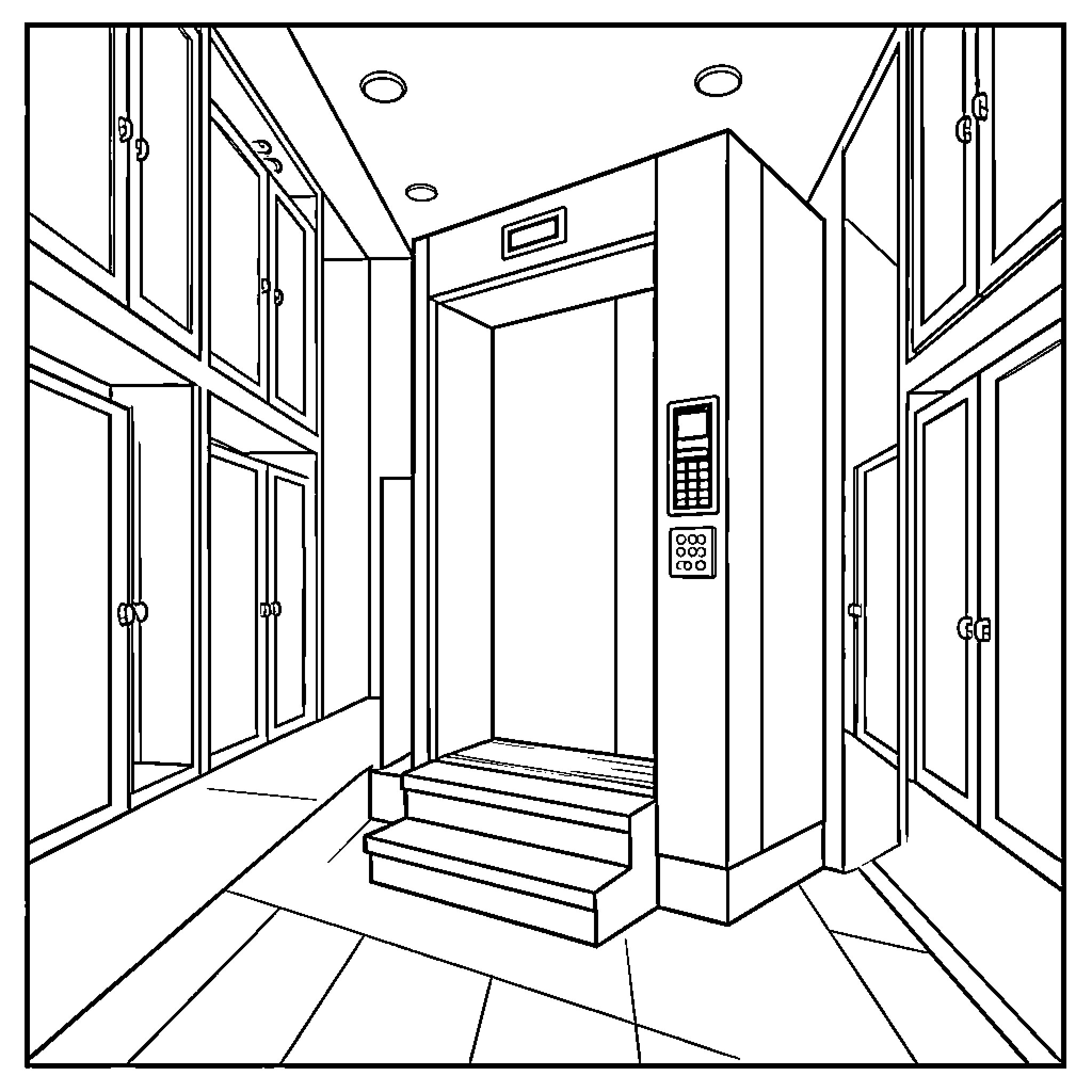 Elevator standing open with steps in a hallway Coloring Page (free black-and-white line drawing printable PDF for all, from beginners to advanced learners, including children, teens, adults, and seniors)