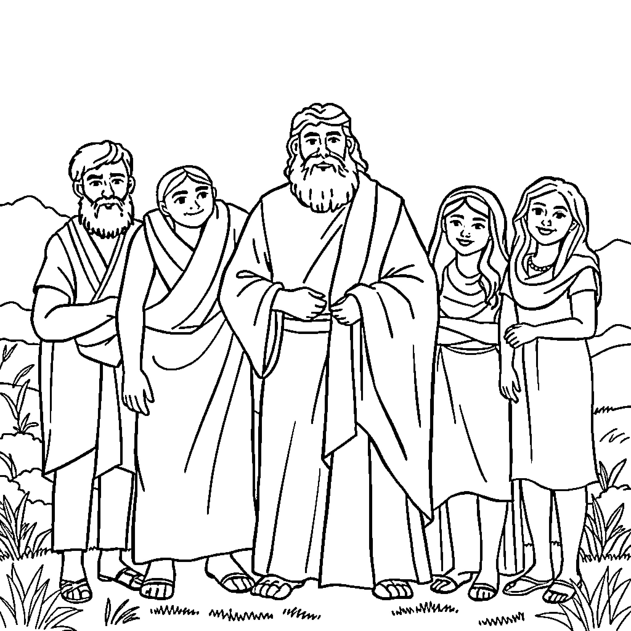 Noah and his family in the wilderness Coloring Page (free black-and-white line drawing printable PDF for all, from beginners to advanced learners, including children, teens, adults, and seniors)