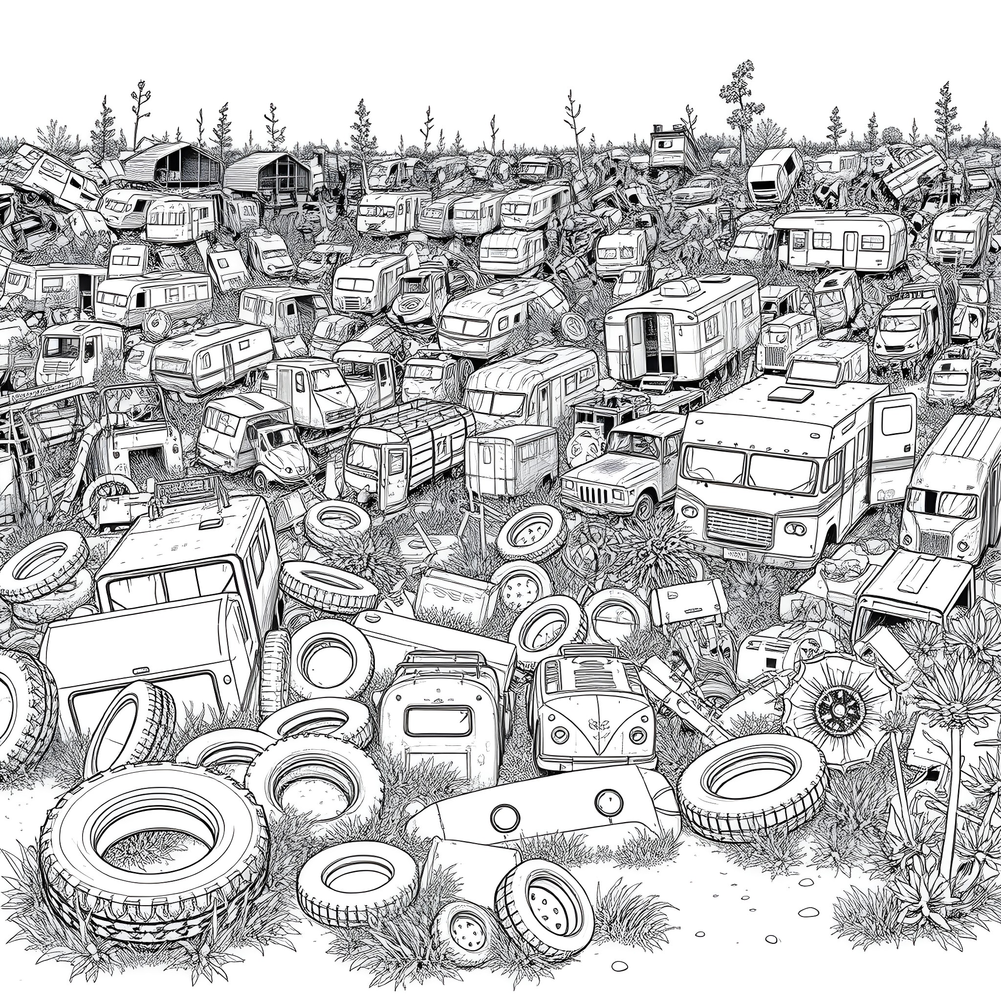 Trailer of a cluttered junkyard filled with discarded vehicles and objects Coloring Page (free black-and-white line drawing printable PDF for all, from beginners to advanced learners, including children, teens, adults, and seniors)