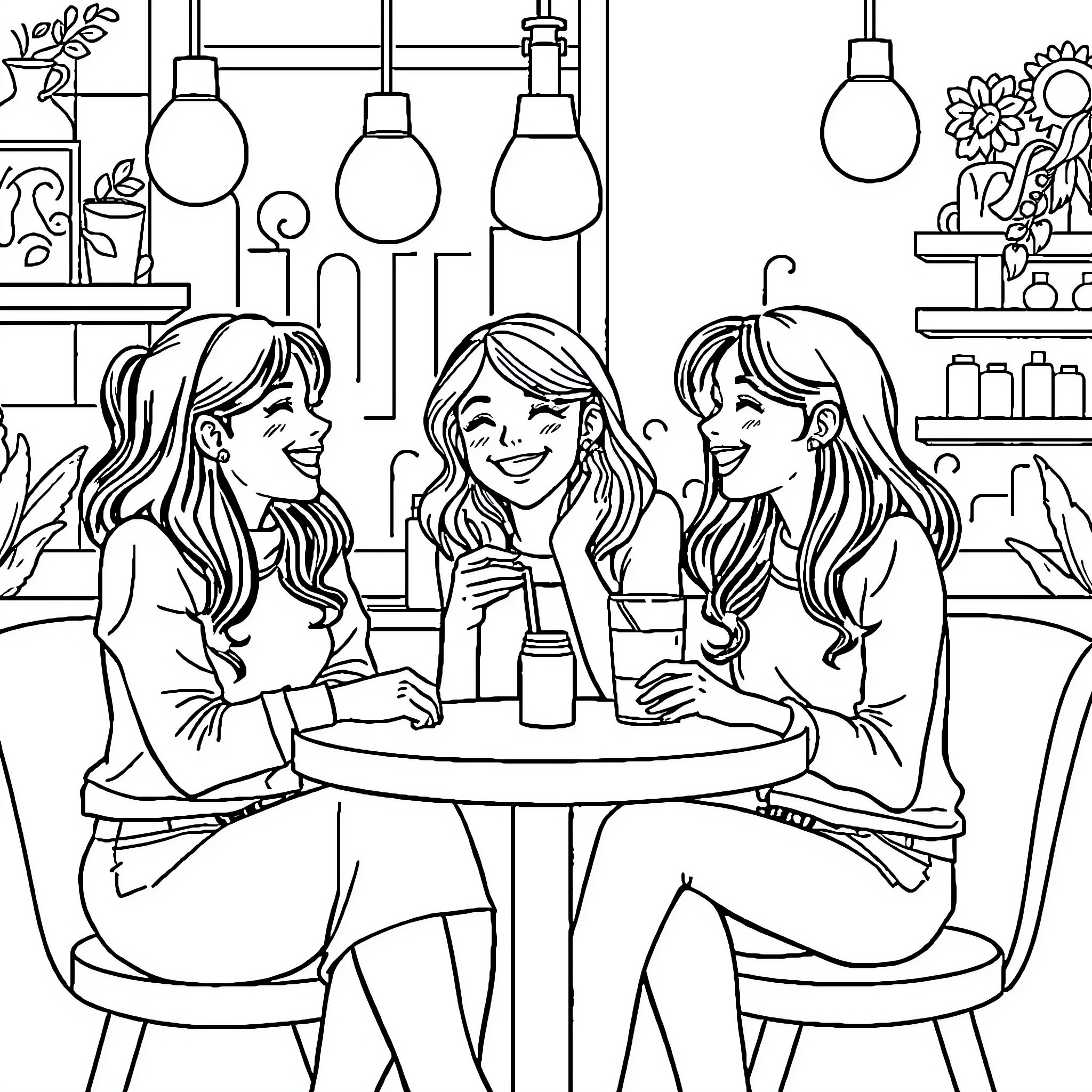 Girls Enjoying Time Together in Cafe Coloring Page (free black-and-white line drawing printable PDF for all, from beginners to advanced learners, including children, teens, adults, and seniors)