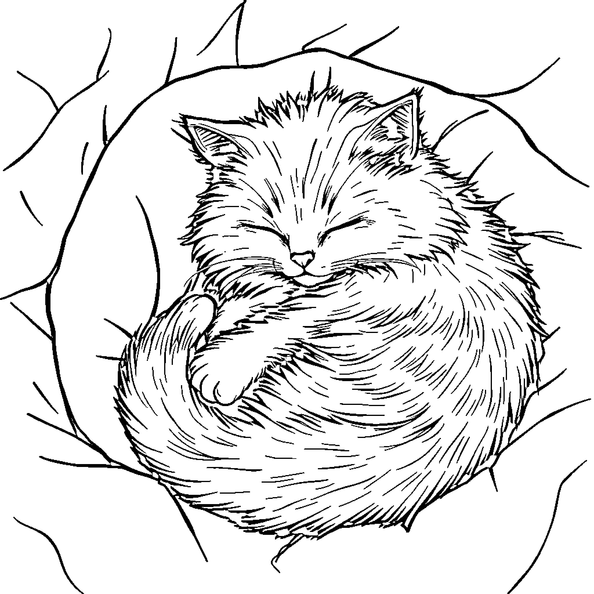 Cat curled up and sleeping peacefully Coloring Page (free black-and-white line drawing printable PDF for all, from beginners to advanced learners, including children, teens, adults, and seniors)