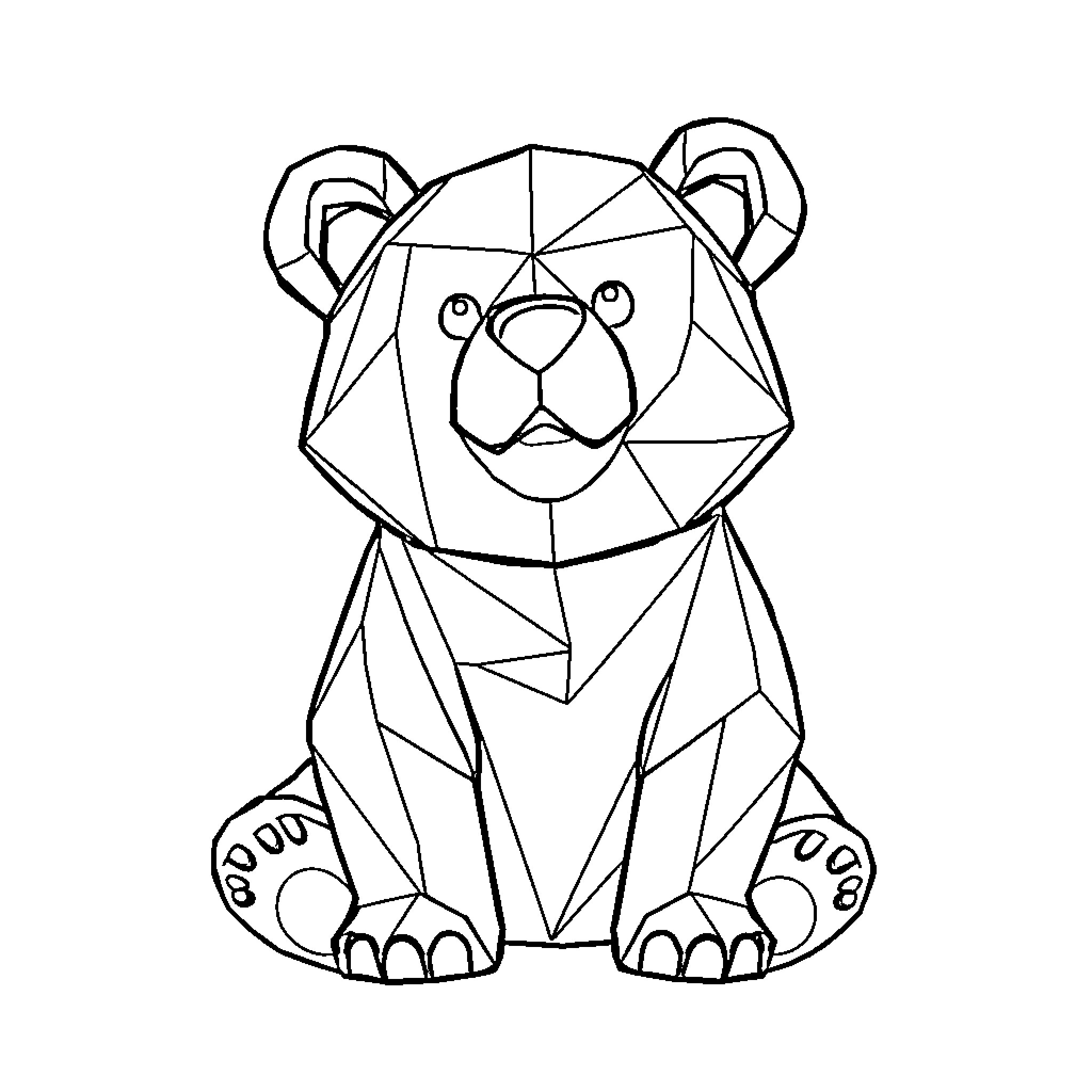 Bear sitting calmly in geometric shapes Coloring Page (free black-and-white line drawing printable PDF for all, from beginners to advanced learners, including children, teens, adults, and seniors)