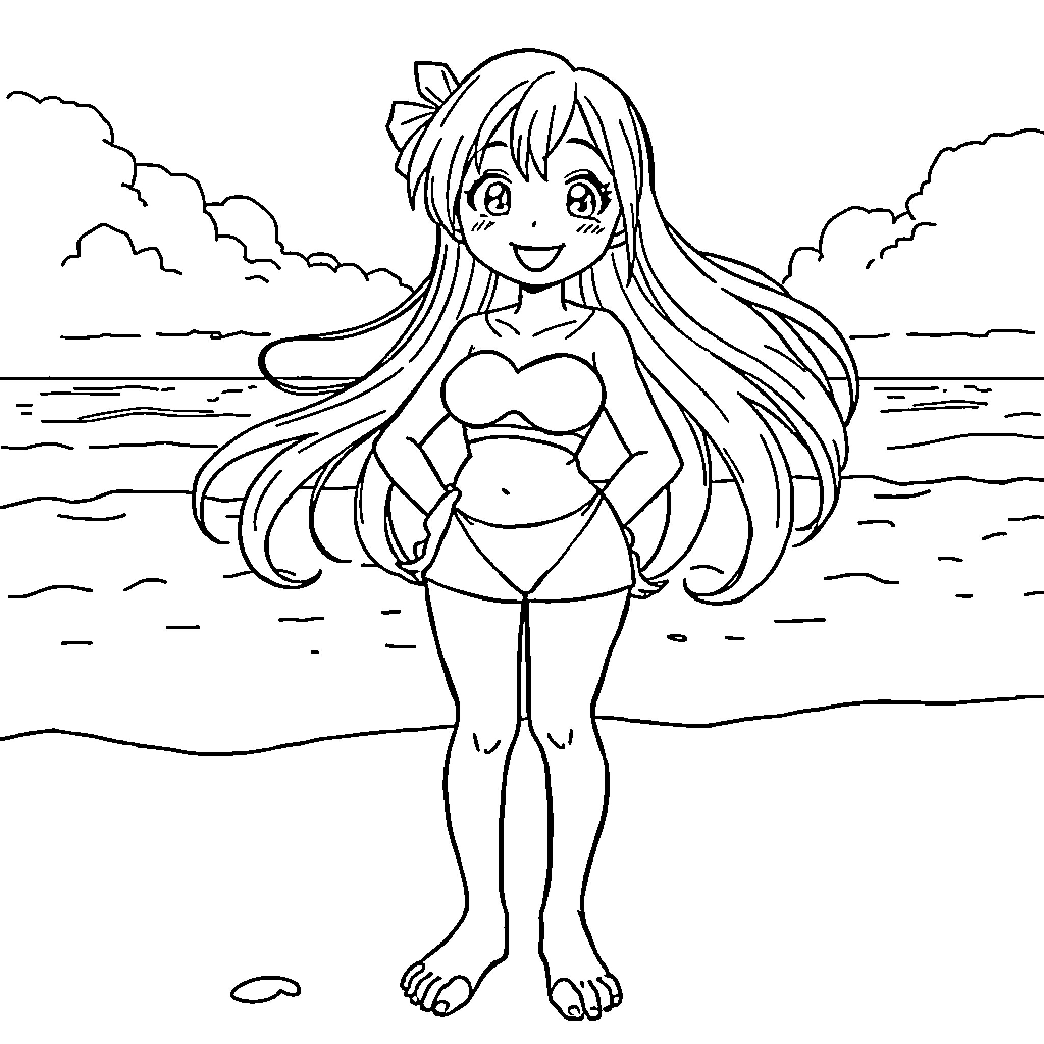 Nami's joyful beach adventure Coloring Page (free black-and-white line drawing printable PDF for all, from beginners to advanced learners, including children, teens, adults, and seniors)