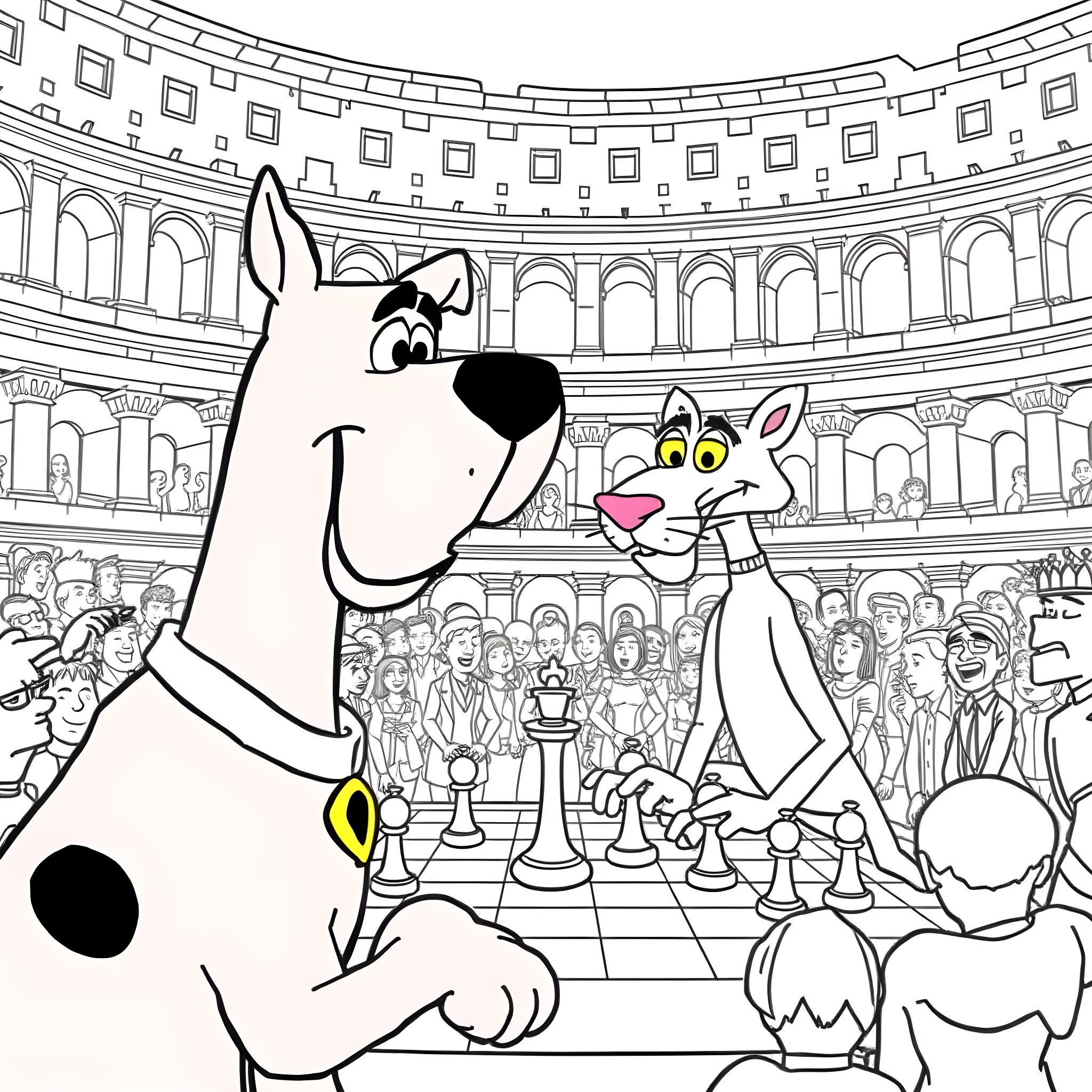 Scooby Doo and Scrappy Doo play chess in a colosseum Coloring Page (free black-and-white line drawing printable PDF for all, from beginners to advanced learners, including children, teens, adults, and seniors)