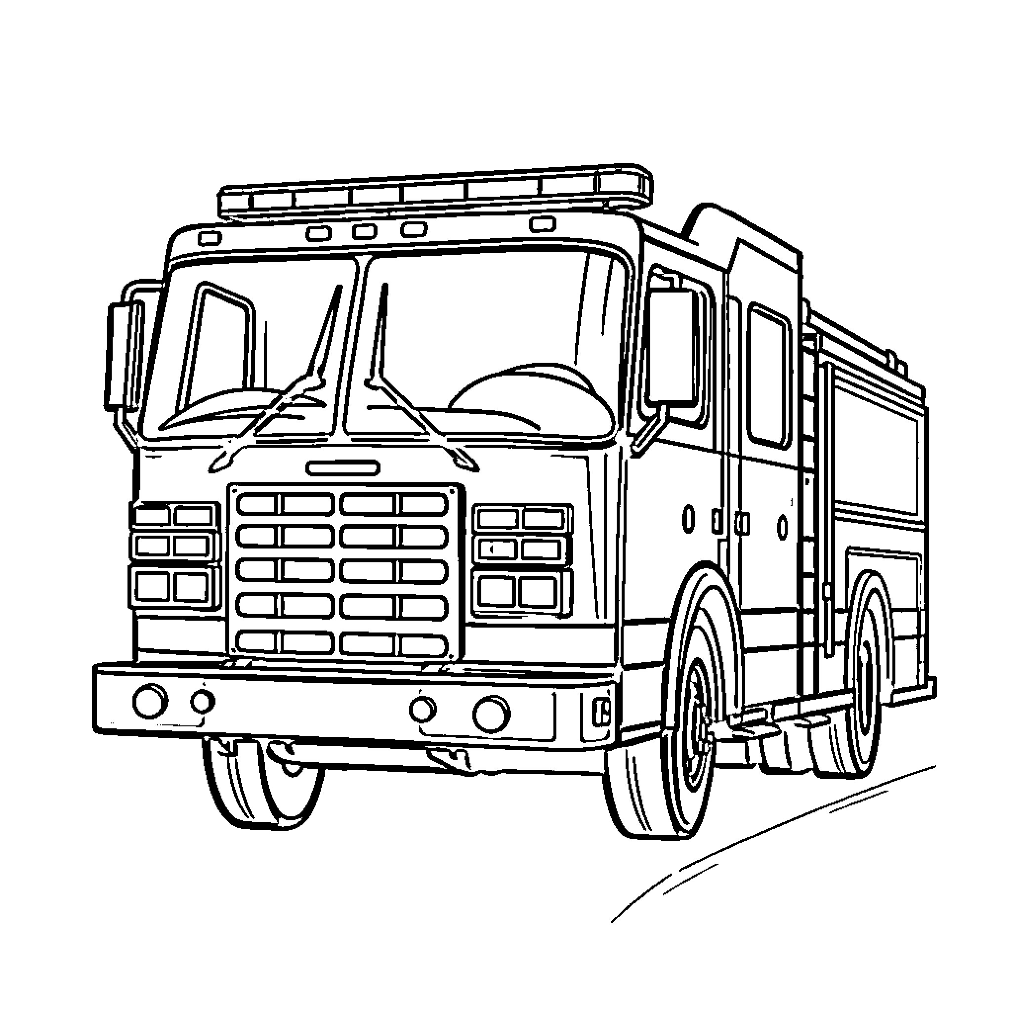 Firetruck racing to an emergency scene Coloring Page (free black-and-white line drawing printable PDF for all, from beginners to advanced learners, including children, teens, adults, and seniors)