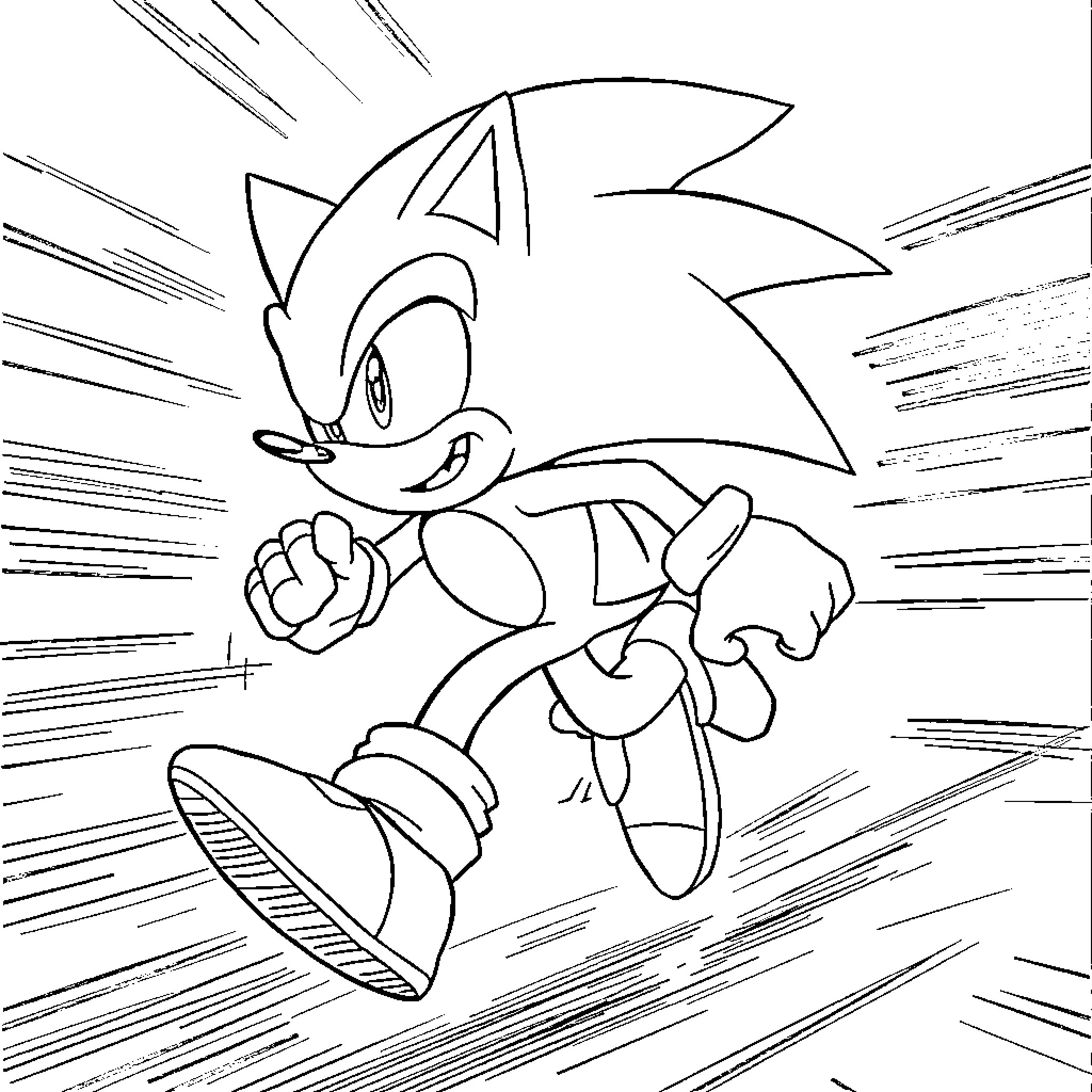 Sonic sprinting through an intense action scene Coloring Page (free black-and-white line drawing printable PDF for all, from beginners to advanced learners, including children, teens, adults, and seniors)