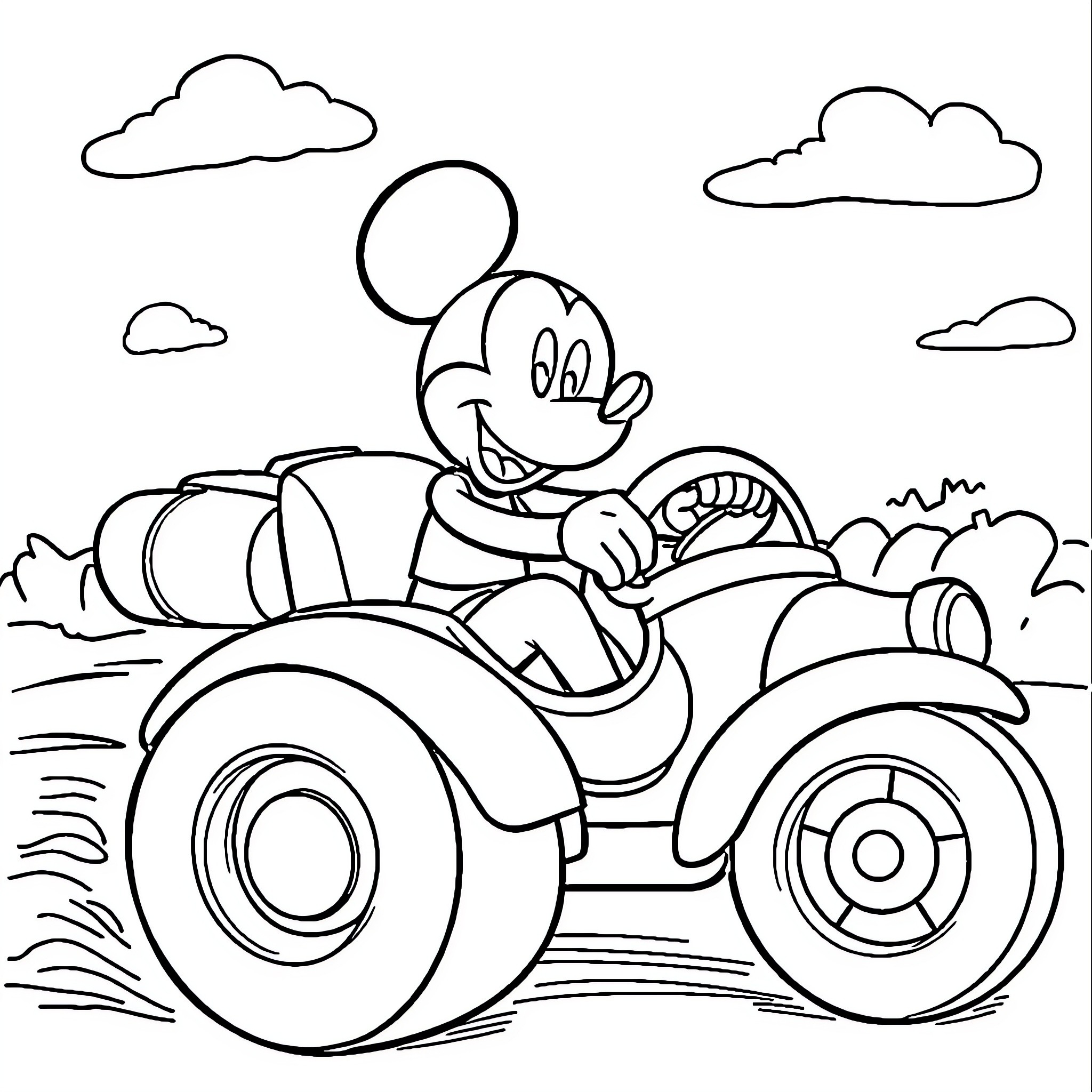 Mickey Mouse driving a fun vehicle in nature Coloring Page (free black-and-white line drawing printable PDF for all, from beginners to advanced learners, including children, teens, adults, and seniors)