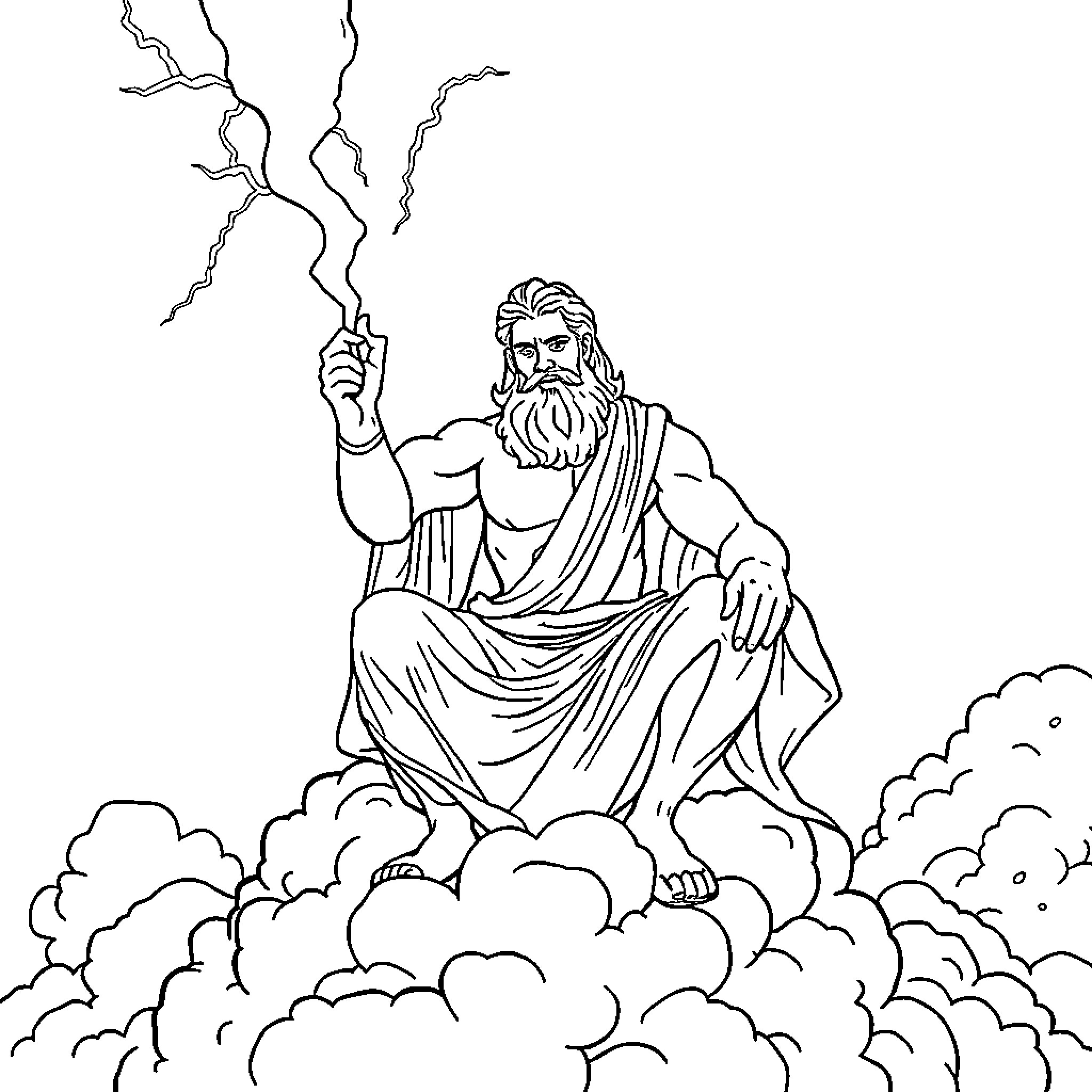 Zeus wielding lightning bolt among clouds Coloring Page (free black-and-white line drawing printable PDF for all, from beginners to advanced learners, including children, teens, adults, and seniors)
