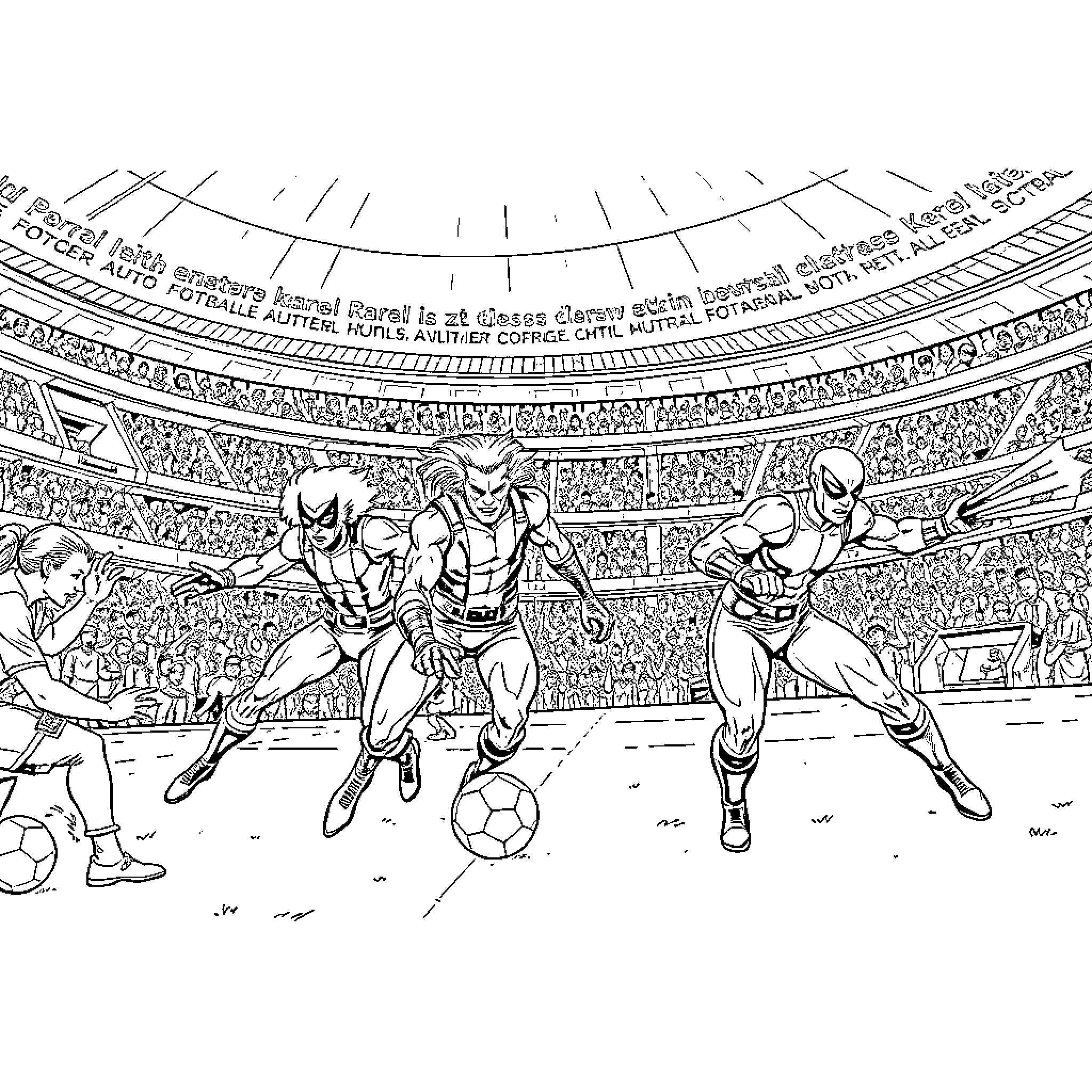 X-Men Soccer Showdown in the Stadium Coloring Page (free black-and-white line drawing printable PDF for all, from beginners to advanced learners, including children, teens, adults, and seniors)
