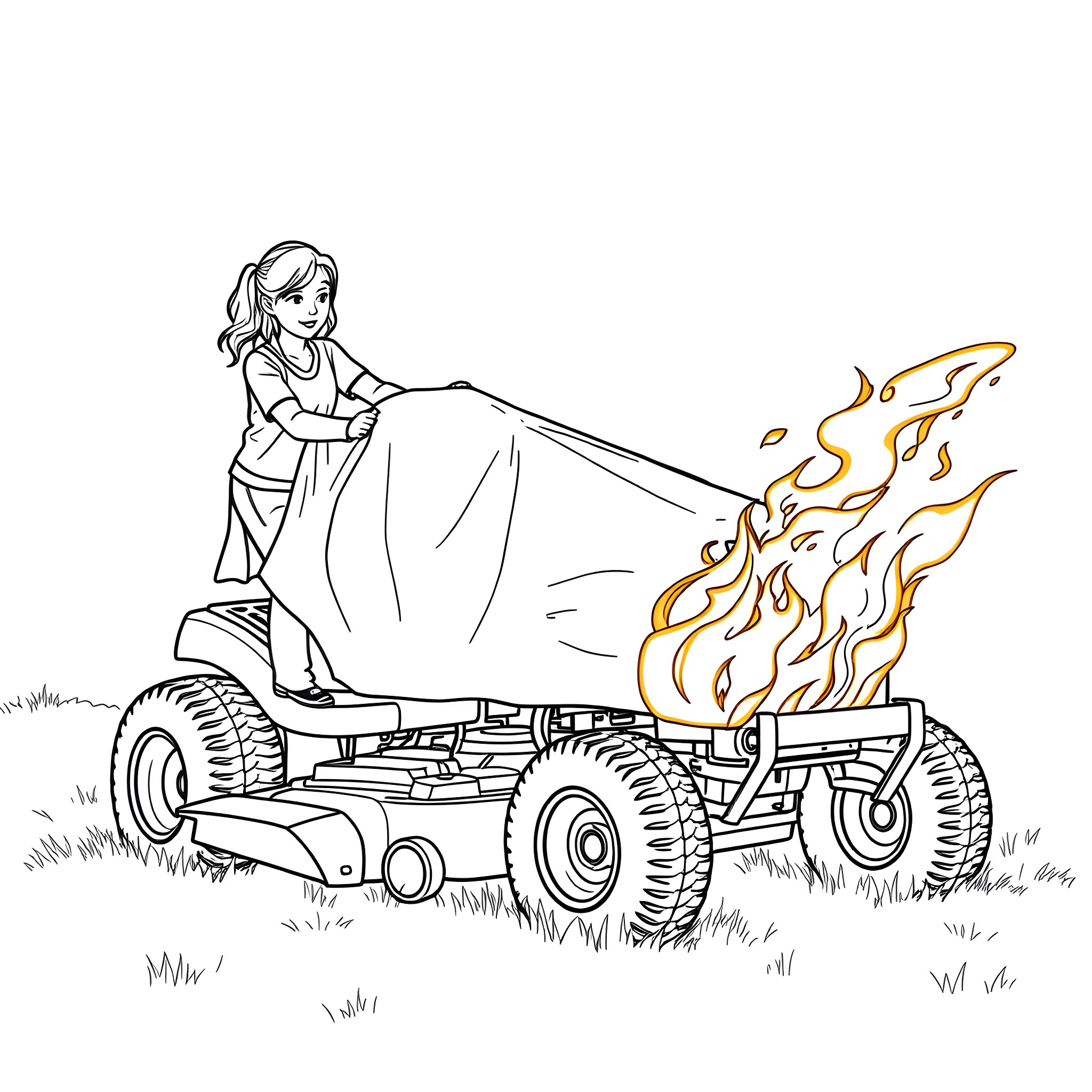 Woman riding a lawnmower with fiery exhaust Coloring Page (free black-and-white line drawing printable PDF for all, from beginners to advanced learners, including children, teens, adults, and seniors)