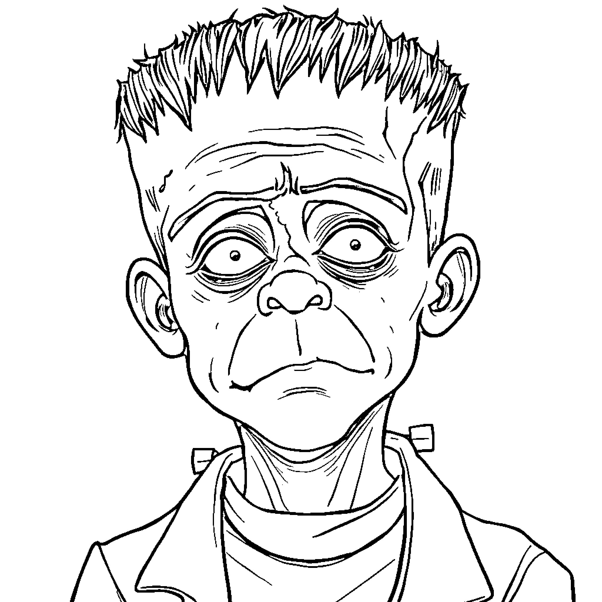 Frankenstein's monster with an intense expression Coloring Page (free black-and-white line drawing printable PDF for all, from beginners to advanced learners, including children, teens, adults, and seniors)