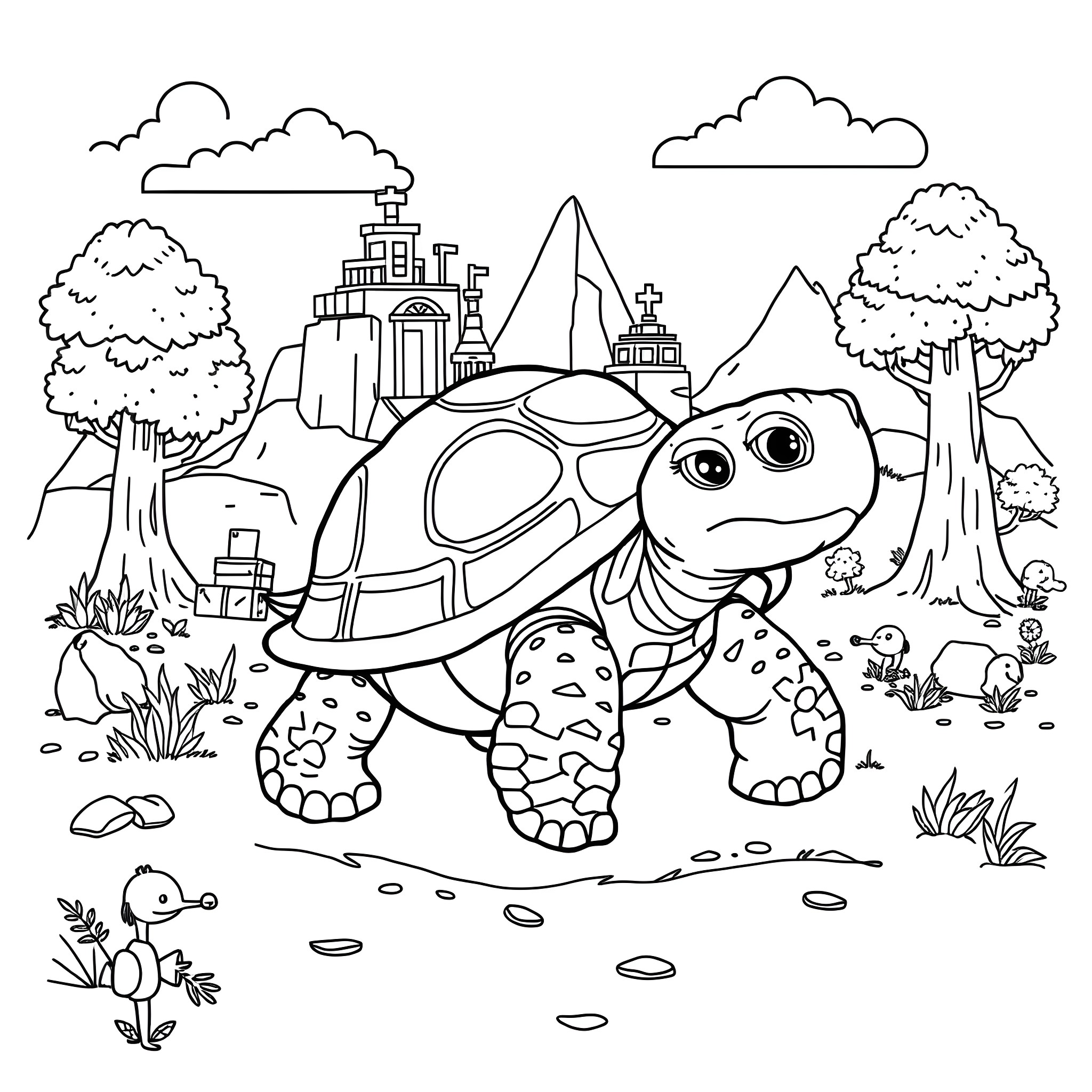 Tortoise exploring the enchanted forest Coloring Page (free black-and-white line drawing printable PDF for all, from beginners to advanced learners, including children, teens, adults, and seniors)