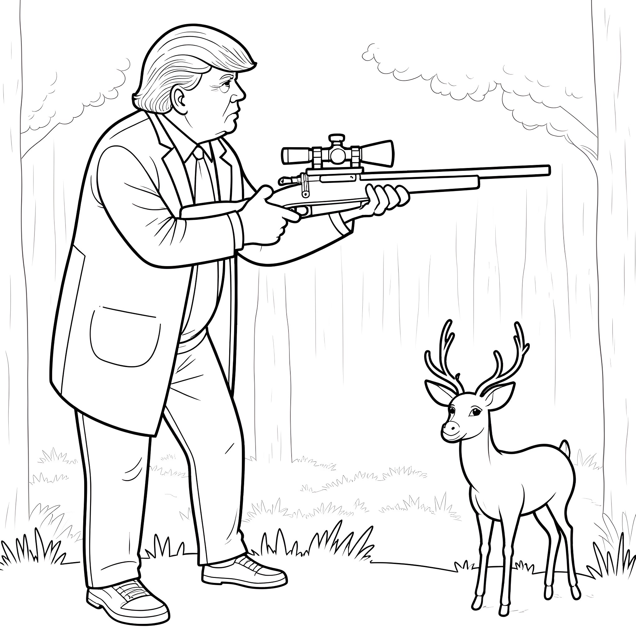 Donald Trump hunting deer in the forest Coloring Page (free black-and-white line drawing printable PDF for all, from beginners to advanced learners, including children, teens, adults, and seniors)