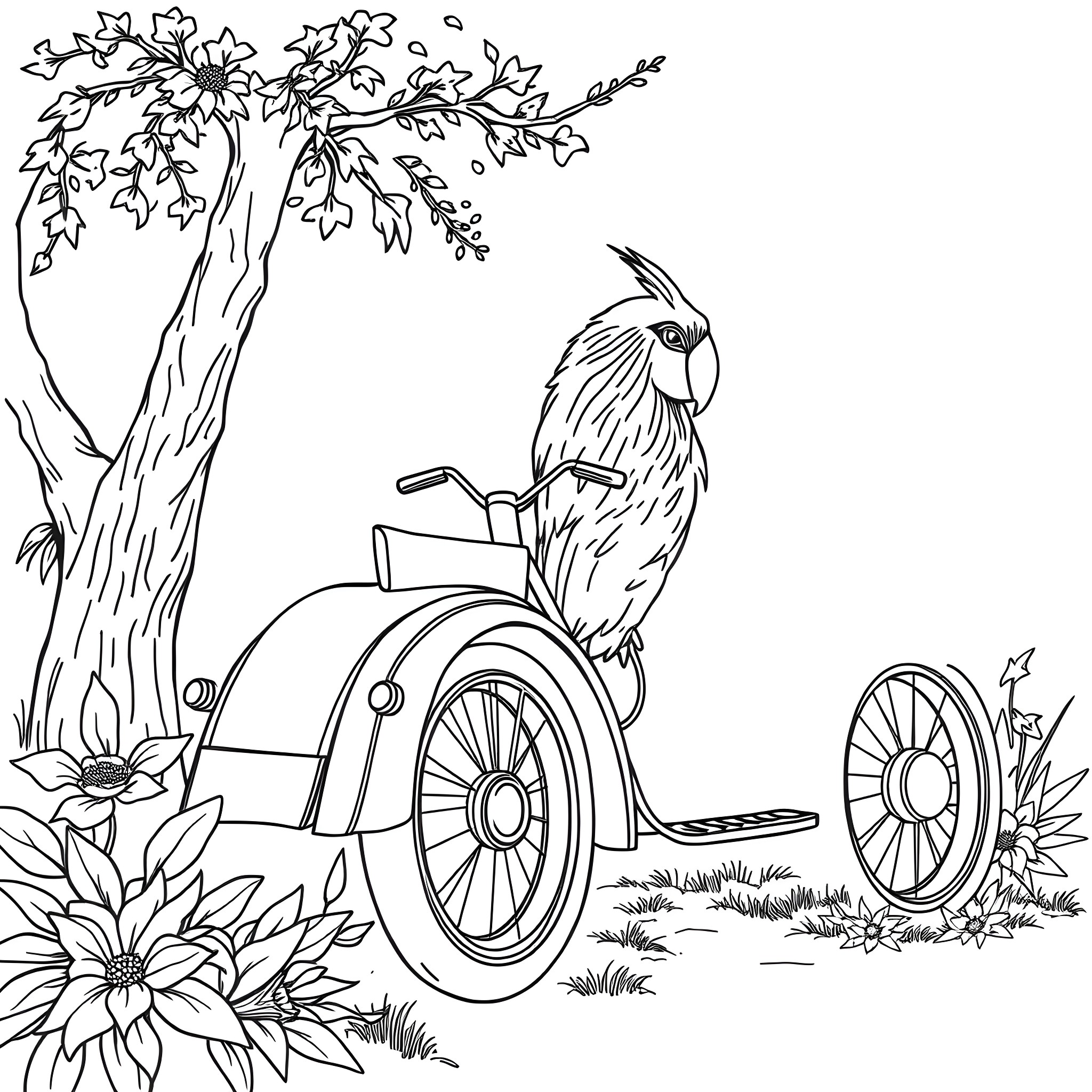 Car-shaped vehicle with parrot in a nature scene Coloring Page (free black-and-white line drawing printable PDF for all, from beginners to advanced learners, including children, teens, adults, and seniors)