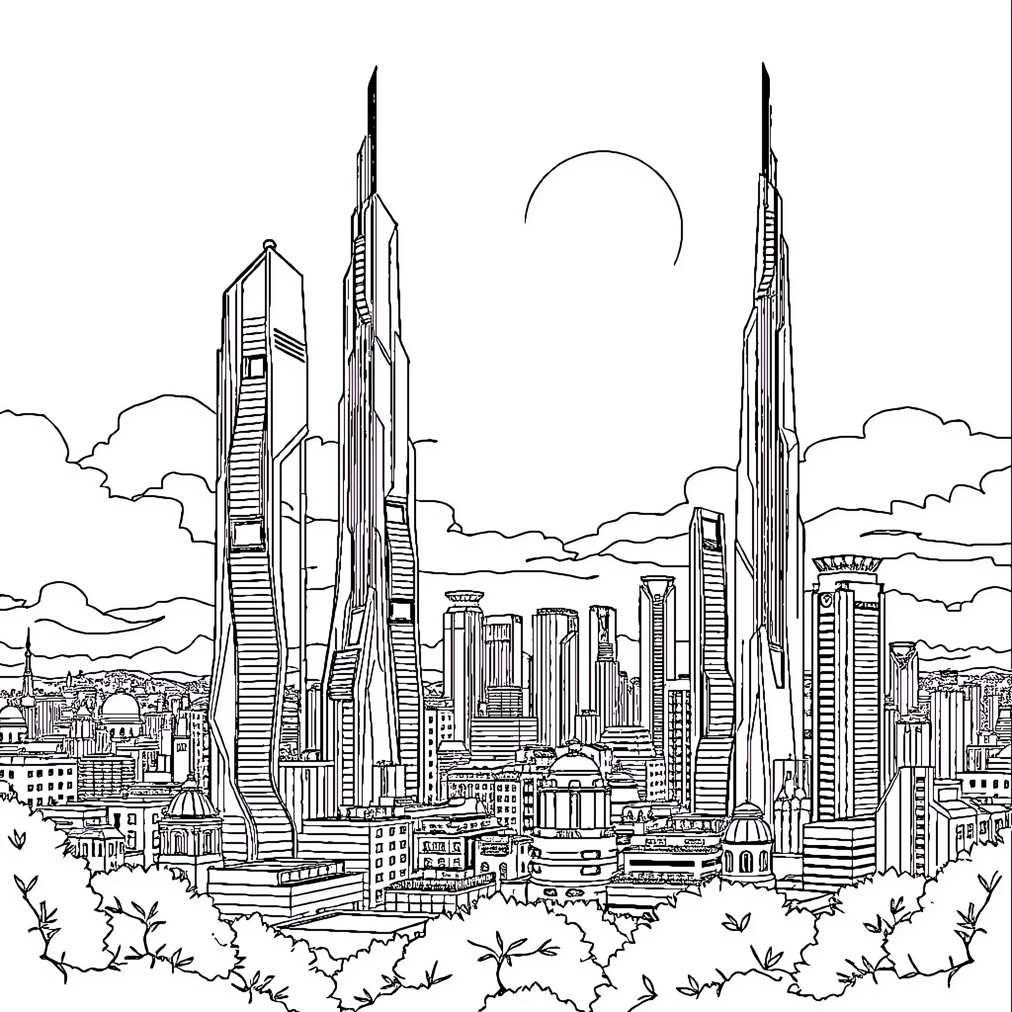 Gratte-Ciel: Futuristic cityscape with towering skyscrapers Coloring Page (free black-and-white line drawing printable PDF for all, from beginners to advanced learners, including children, teens, adults, and seniors)