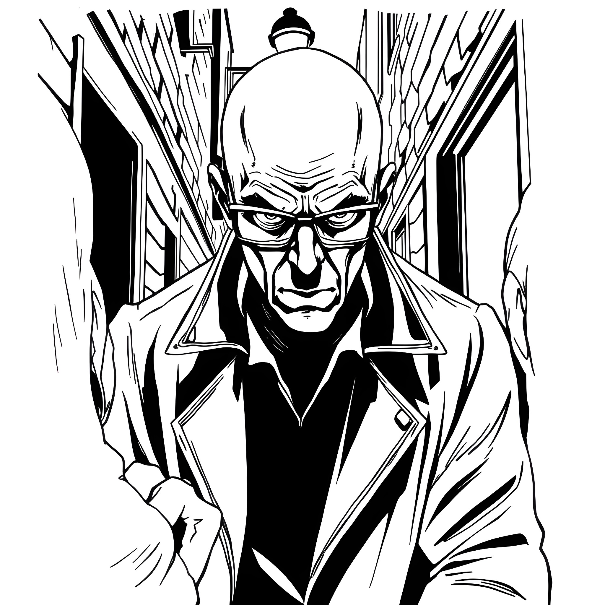 Man in Intense Villain Pose Coloring Page (free black-and-white line drawing printable PDF for all, from beginners to advanced learners, including children, teens, adults, and seniors)