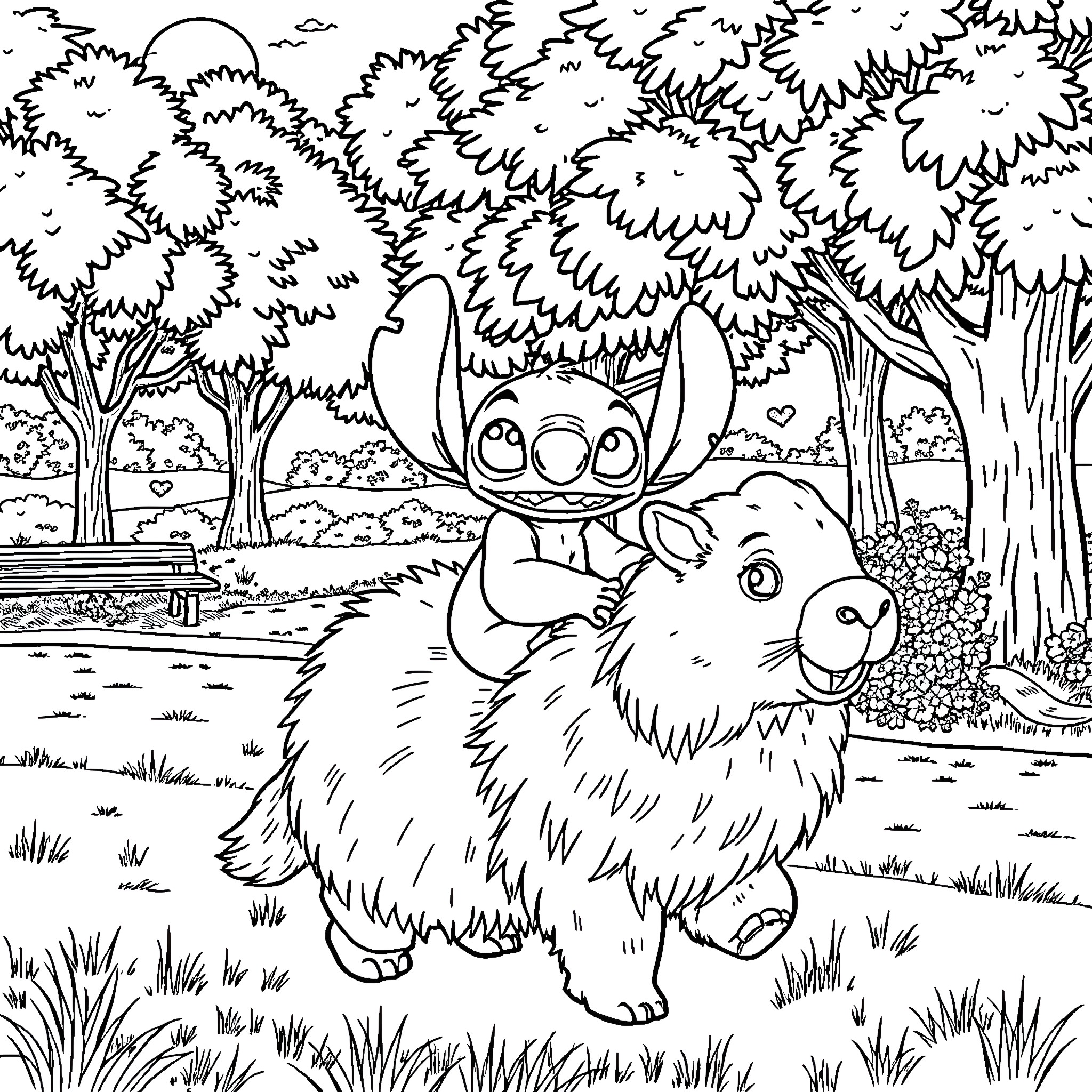 Stitch enjoys a playful outing with a furry friend Coloring Page (free black-and-white line drawing printable PDF for all, from beginners to advanced learners, including children, teens, adults, and seniors)